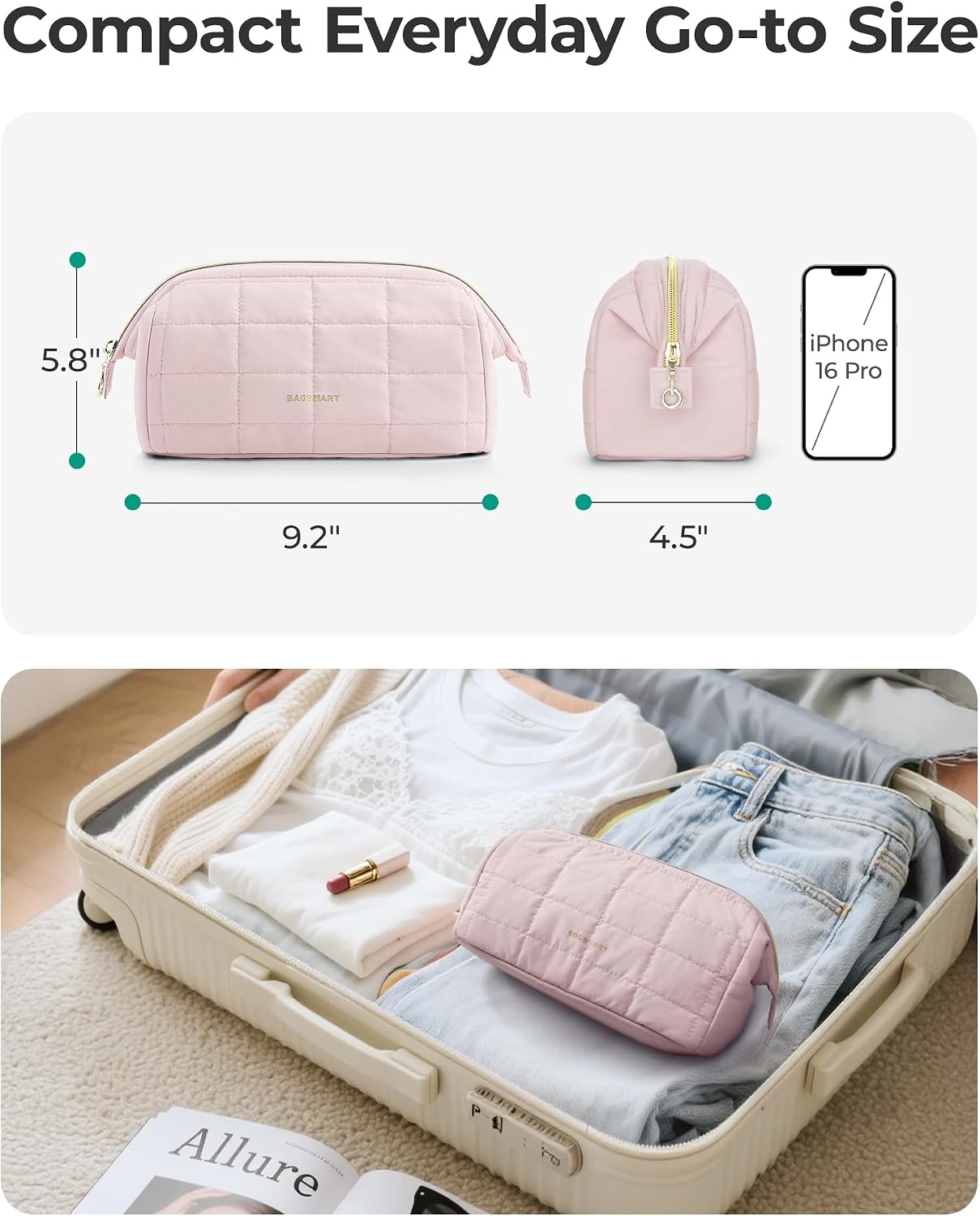 BAGSMART Makeup Bag Travel Toiletry Bag, Wide-open Zipper Pouch, Pink | Puffy Padded, Travel Essentials, Make Up Bag, For Women, Makeup Organizer, Toiletries Accessories Brushes - Image 6