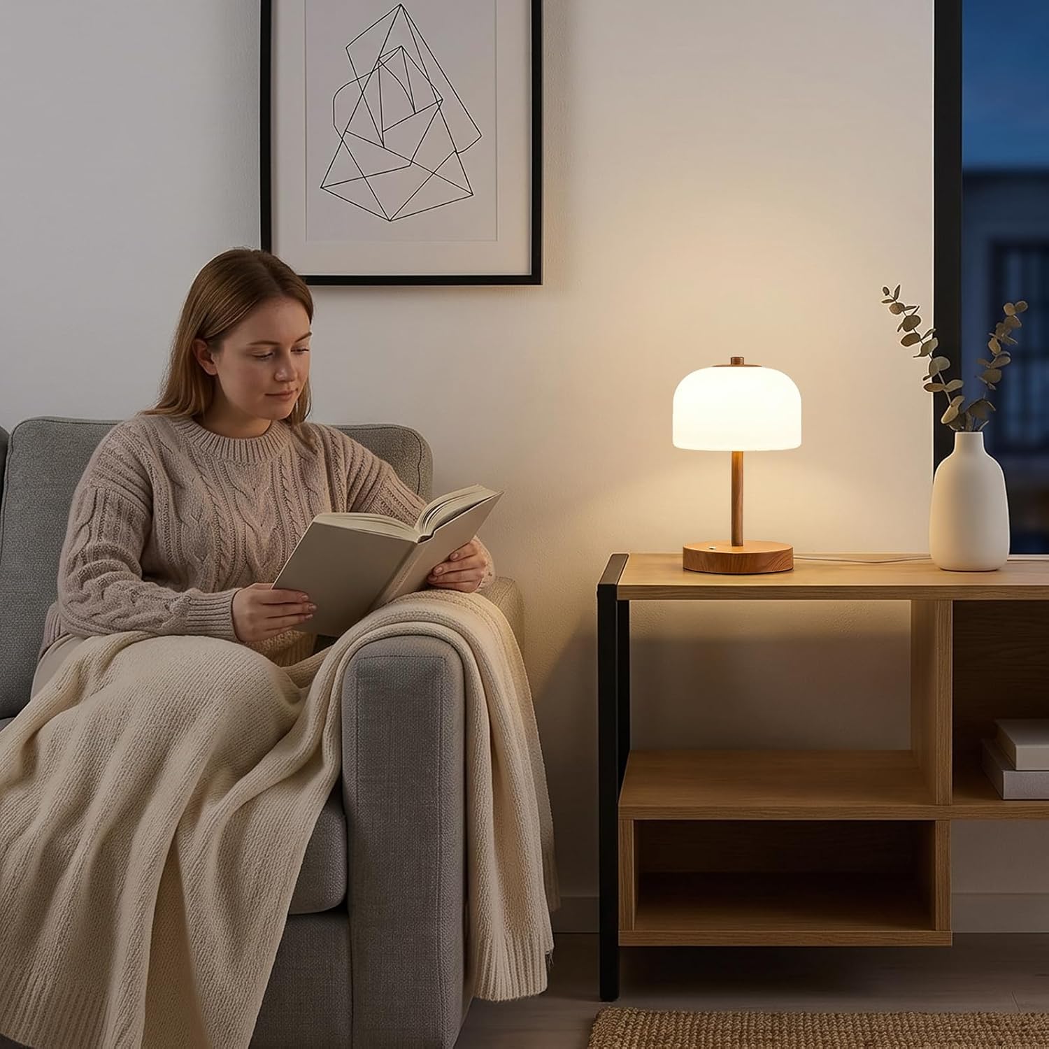 9.5" Small Plug-in Touch Control Table Lamp with USB A+C Charging Ports, Wood Grain Dimmable LED Bedside Lamp with 3 Color Temperatures, Modern Table Lamps for Bedroom Nightstand Living Room - Image 2