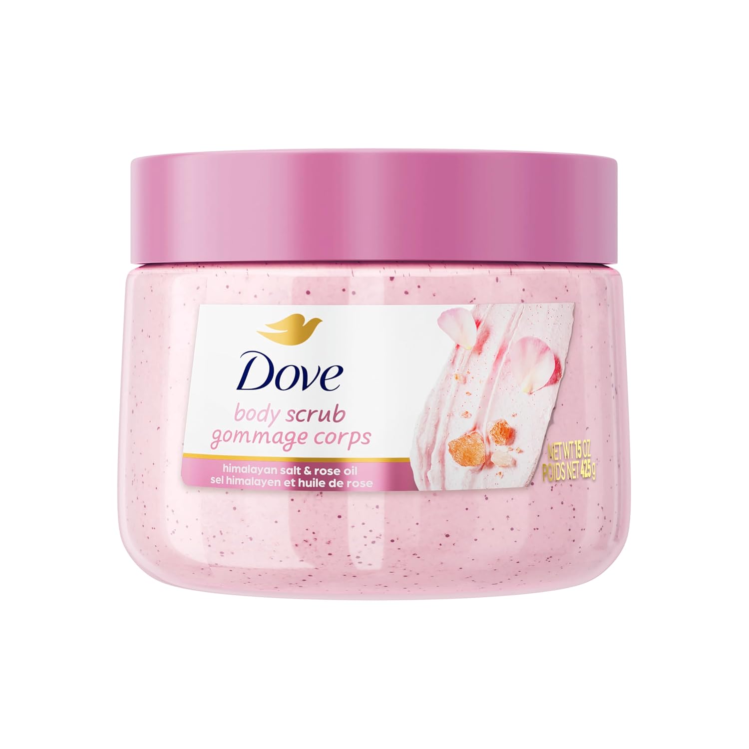 Dove Himalayan Salt & Rose Oil Body Scrub Exfoliates and Deeply 15 oz | For skin that needs polish, Helps reveal smooth skin, With Himalayan salt & Rose Oil