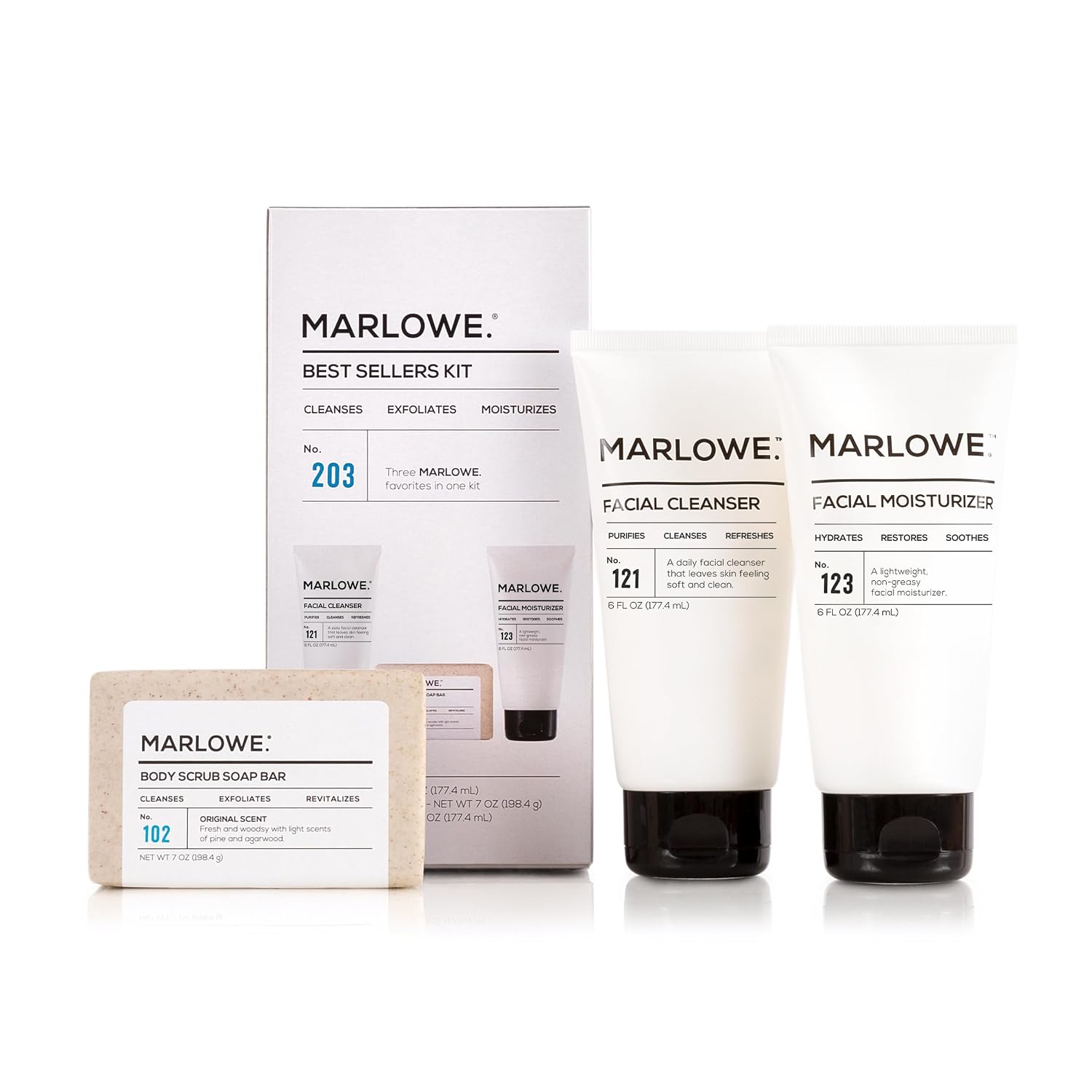 MARLOWE. Men's Skin Care Set, Best Sellers Kit, Soap, Cleanser, Moisturizer | Men’s Skin Care Set with Exfoliating Scrub Soap Bar, Facial Cleanser & Facial Moisturizer. Great Gift for Men.