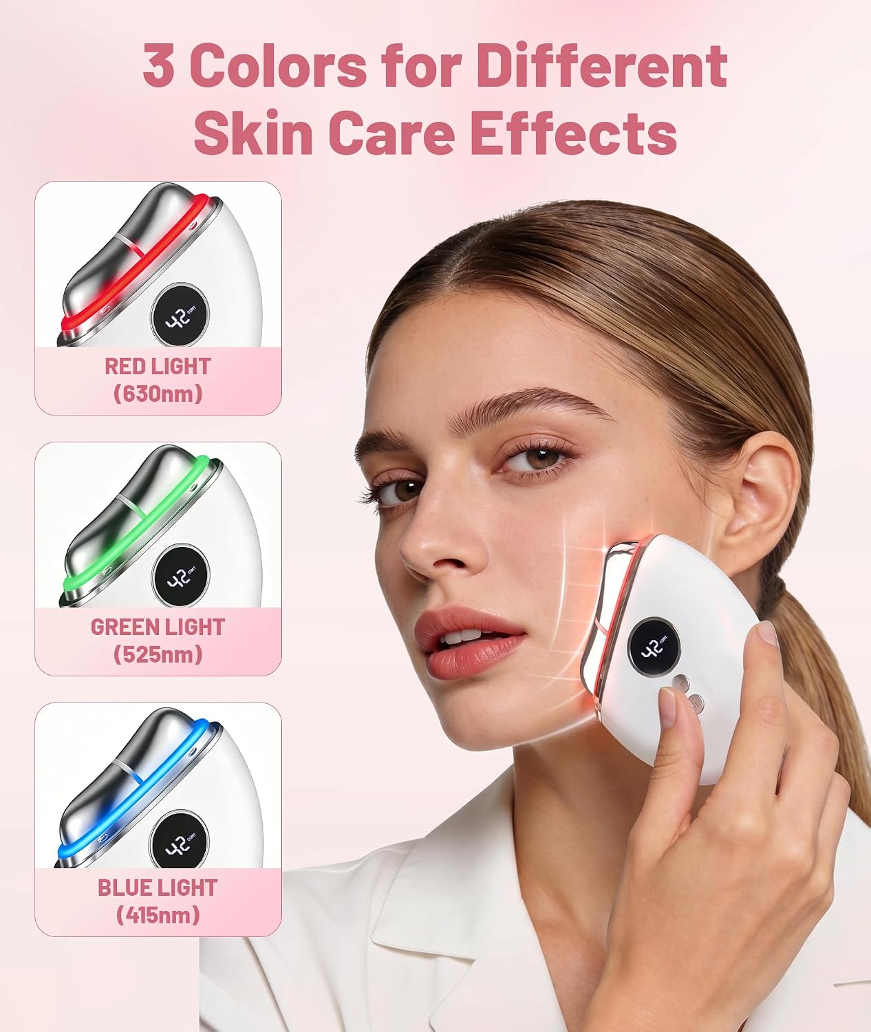 4-in-1 Red Light Therapy for Face and Neck, Gua Sha Facial Tool with Heat & Vibration, Face Massager Tool for Puffiness, Smoothing, Firming, Gifts for Women & Men (White) - Image 3