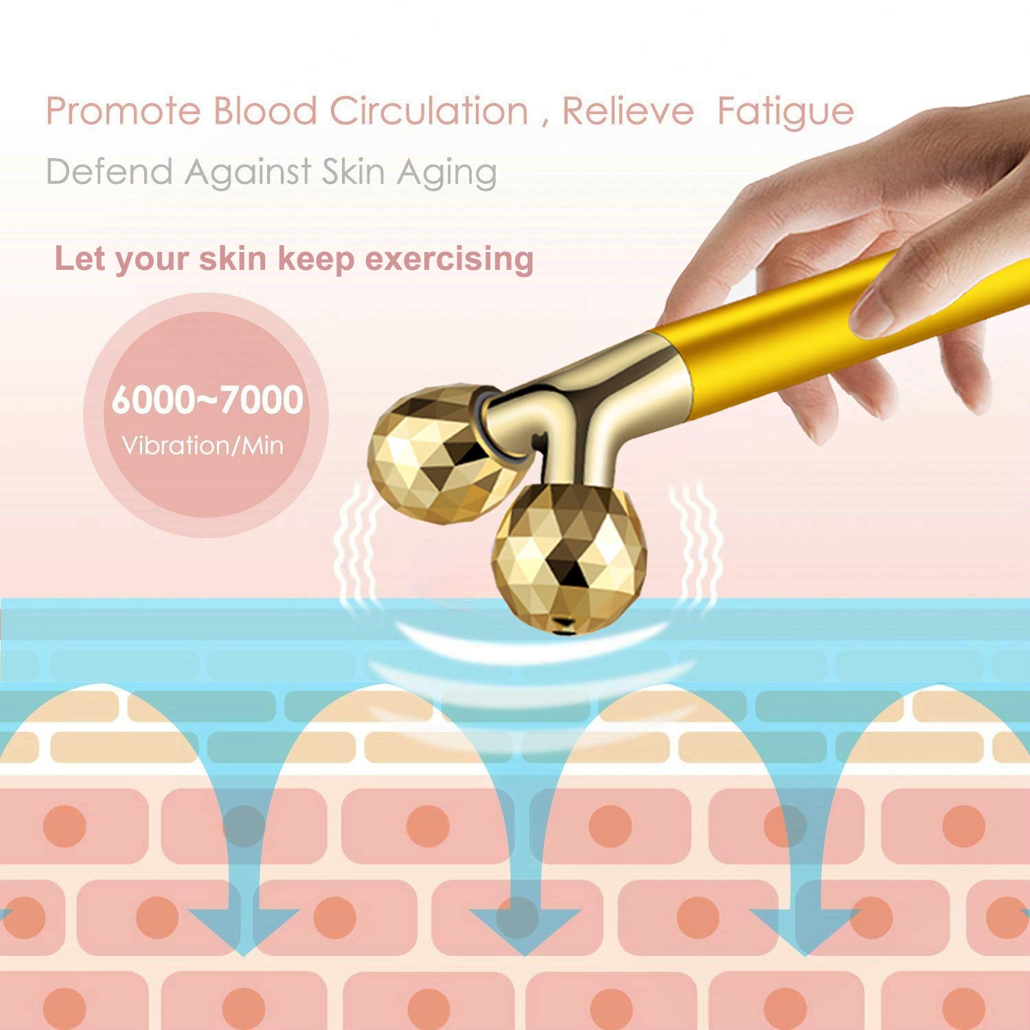 Face Massager Facial Roller Kit | Electric, Golden 3D V Type Facial Roller and T Shape Massager with Gentle Vibration, for Lymphatic Drainage Skincare Ritual - Image 3