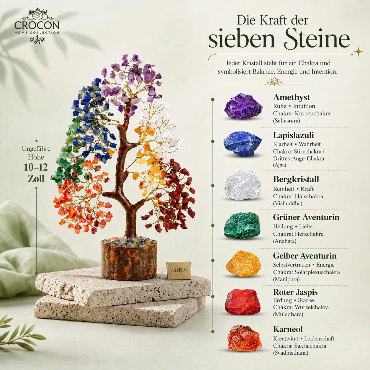 Crocon® 7 Chakra Crystal Tree of Life, Healing Crystals Tree 10-12 Inch, | Birthday Gift for Women, Feng Shui, Money Trees, Positive Energy, Good Luck, Home Office Decor, Spiritual Gifts for Women - Image 2