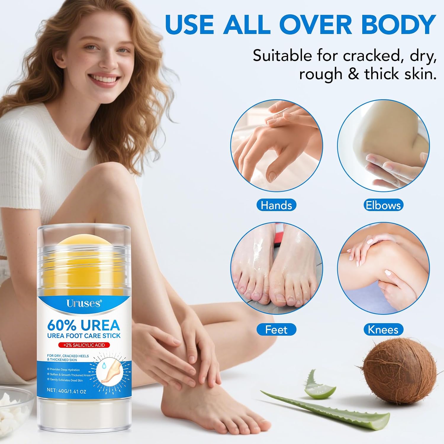 Uruses Urea Cream 60% plus Salicylic Acid 2% Urea Foot Care Stick, Foot Cream for Foot Callus Remover, Feet Moisturizer Stick for Dry Cracked Heels, Hands, Knees, Hydrating Heel Balm, Easy To Use - Image 6