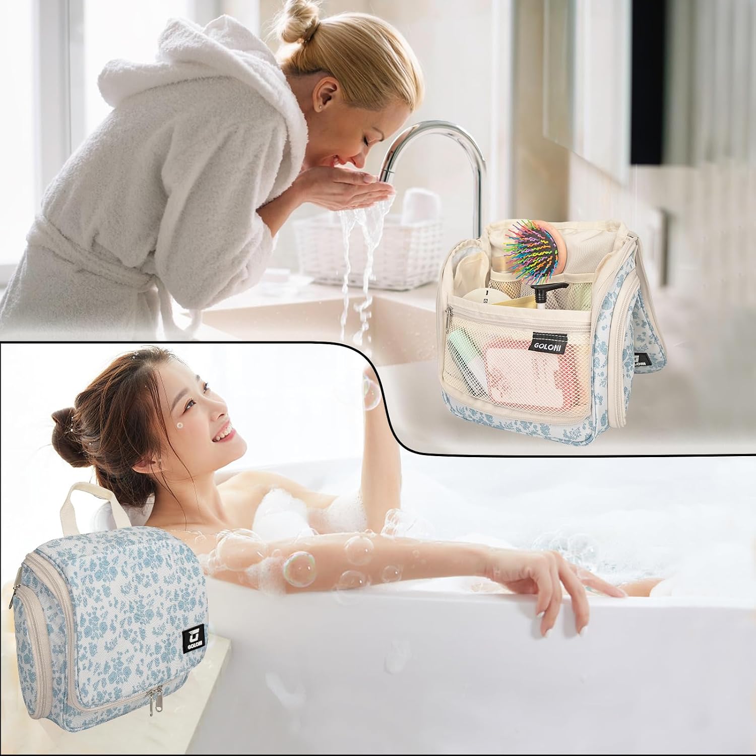 Hanging Toiletry Bag, 10 Compartments Water-Resistant Makeup Bag with 360° Spinning Metal Hook, Large Travel Cosmetic Organizer for Men & Women, Flower (7.05oz) - Image 4