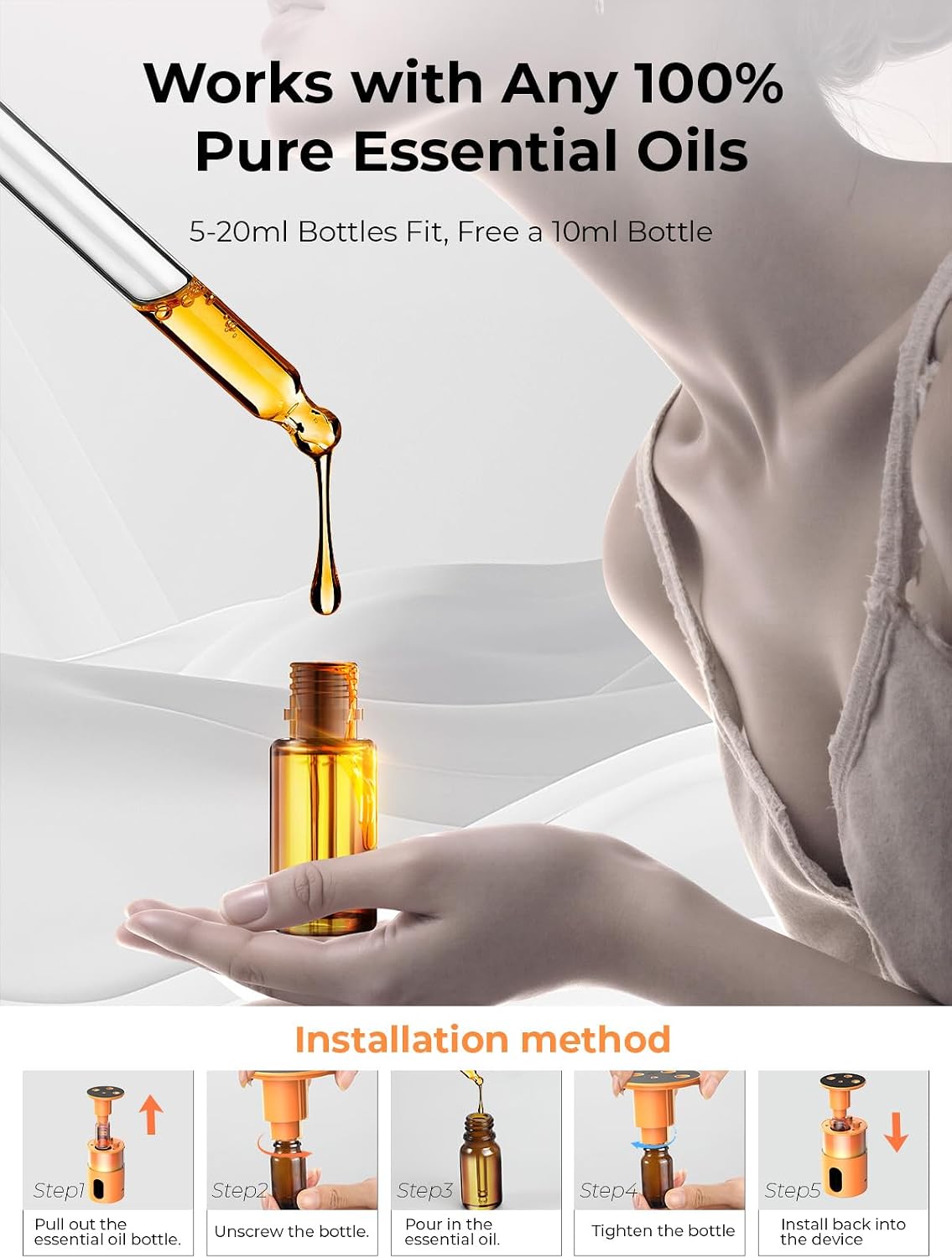 Waterless Essential Oil Diffuser: 𝟗-𝐂𝐨𝐥𝐨𝐫 𝐋𝐄𝐃 Orange | Portable Scent Diffuser - No Water No Heat For Pure Aroma - 48H Battery 3 Mist Levels & 4 Timers for Car Office - Image 8