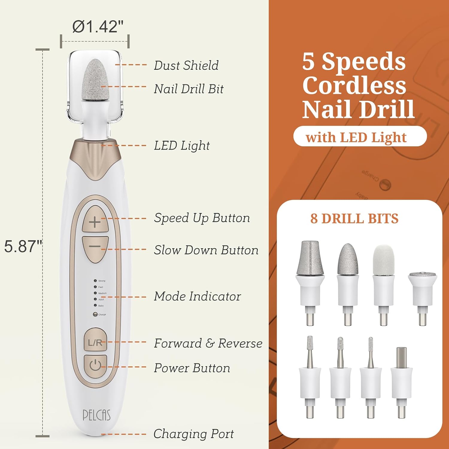 PELCAS Electric Toenail Grinder for Thick Toenails, 5 Speeds & LED Light | Manicure and Pedicure Kit, Cordless Nail Drill, Electric Nail File for Human, Pet, Thick Toenails, Natural & Acrylic Nails - Image 6
