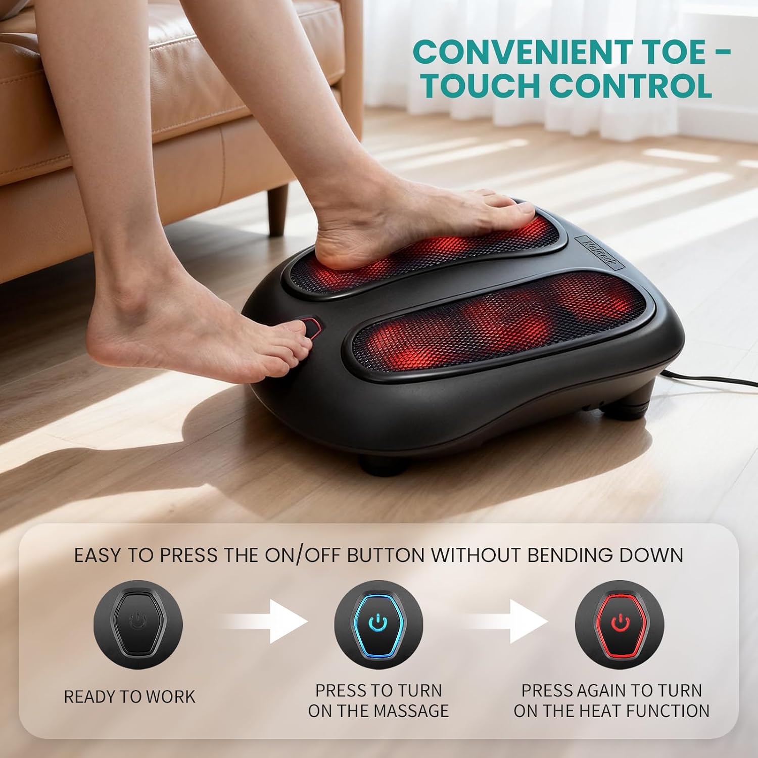 Nekteck Foot Massager with Heat, HSA Eligible FSA Massage Tools Gifts | Shiatsu Heated Electric Kneading Foot Massager Machine for Plantar Fasciitis, Built-in Infrared Heat Function and Power Cord - Image 4