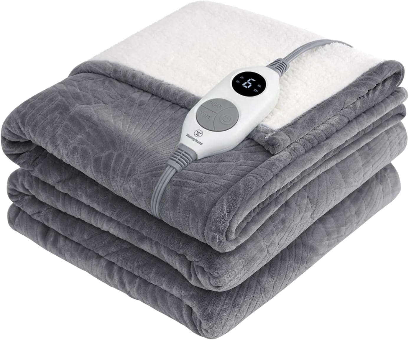 Westinghouse Heated Throw Flower Jacquard Flannel Sherpa 50x60 Light Grey | Electric Blanket Throw with 6 Heating Levels and 2-10 Hours Auto-Off, Cozy Heated Blanket, Machine Washable, Home Office Use