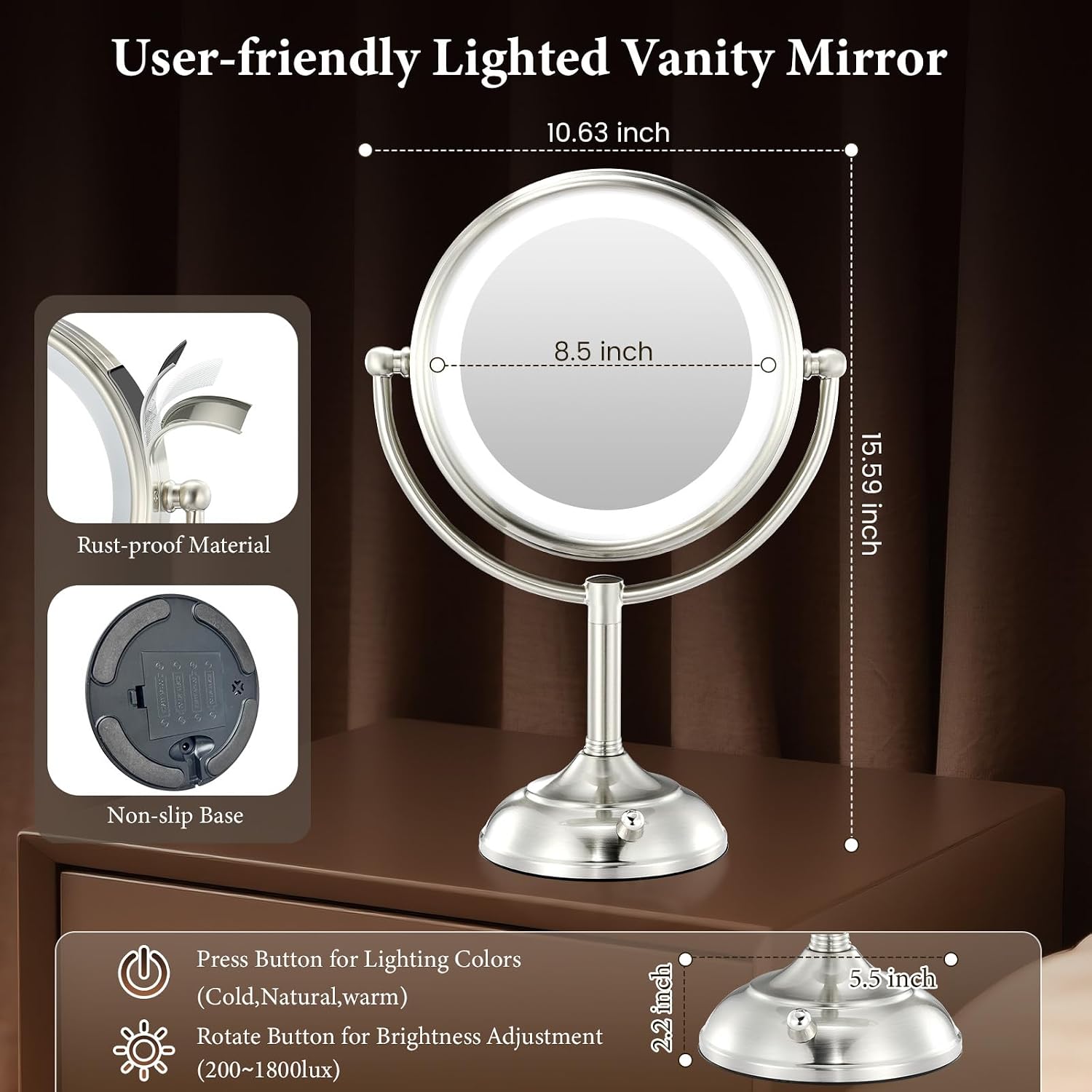 Professional 8.5" Large Lighted Makeup Mirror with Brighter Lights, 1X/10X True HD Magnifying Mirror with 3 Color Dimmable Lights, 90 Shadowless LEDs, 360°Swivel Seamless Vanity Mirror, Pearl Nickel - Image 6