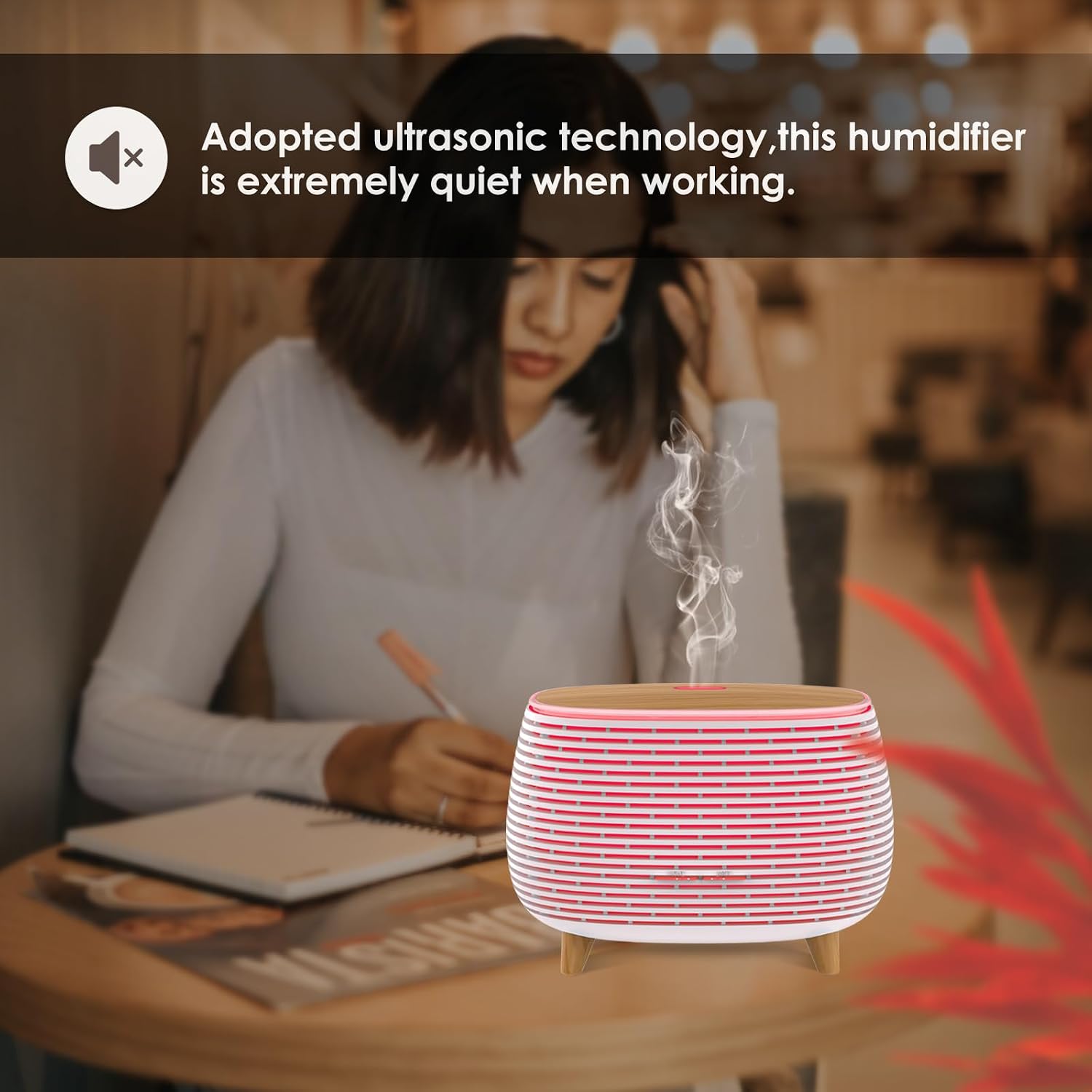2-in-1 BT Speaker & Ultrasonic Essential Oil Diffuser,Aromatherapy Diffuser Cool Mist Humidifier with 7 Colors Lights for Large Room Home Office,400ml(White+Wooden Grain) - Image 4