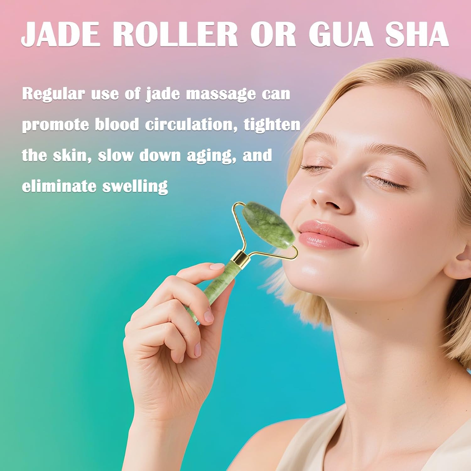 Jade Roller Gua Sha Tools - Nature Gua Sha Facial Tool Skin Tightening Face Massager Anti-Aging Jade Face Roller Puffiness Reducing Guasha Stone for Women Men(Green) - Image 2