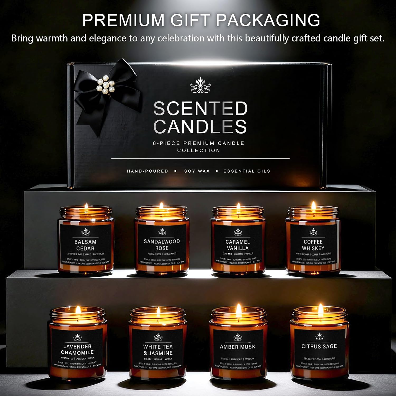 8 Pack Soy Wax Scented Candles Gift Set, Aromatherapy Candles with Lavender Chamomile, Citrus Sage, Caramel Vanilla, Coffee Whiskey, Long Lasting Stress Relief Candle, Unisex Home & Gift Set for Men - Image 8