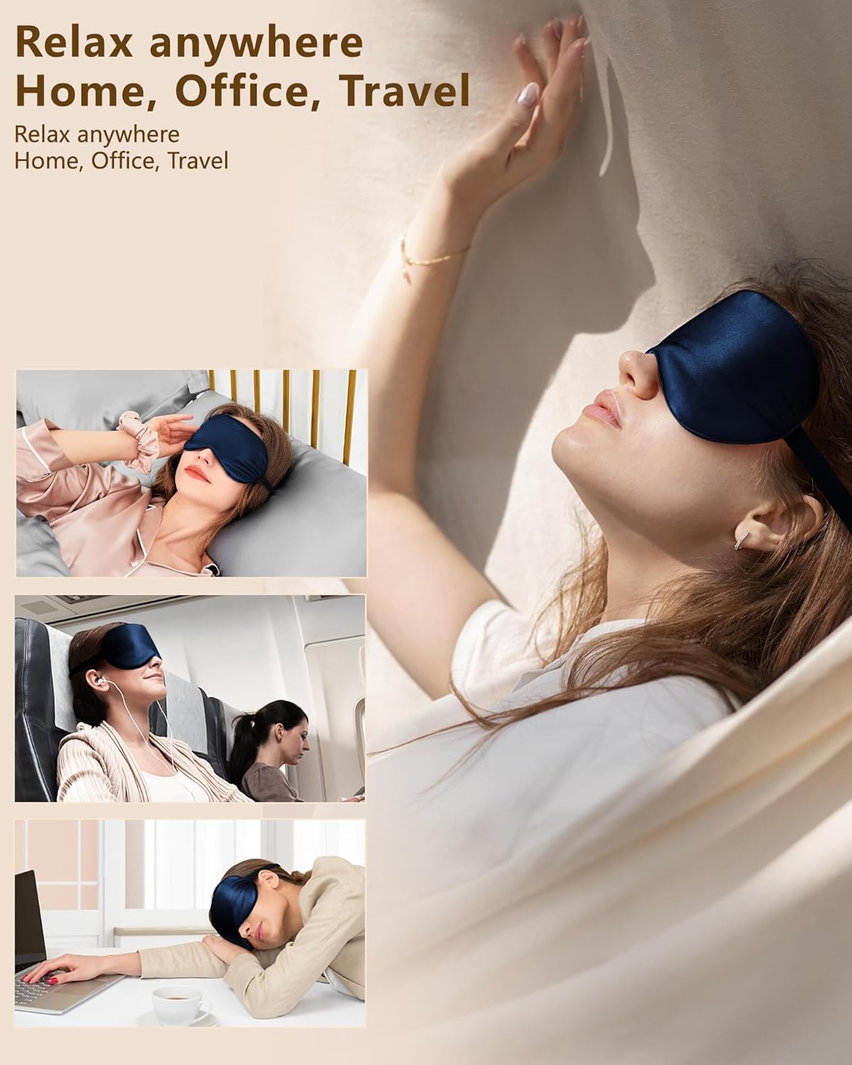 Silk Eye Mask for Sleeping - Soft Breathable Organic Natural Mulberry Silk Fabric Blackout Sleep Mask with Adjustable Straps No Pressure Eye Mask for Travel Essentials Gifts (Navy Blue) - Image 3