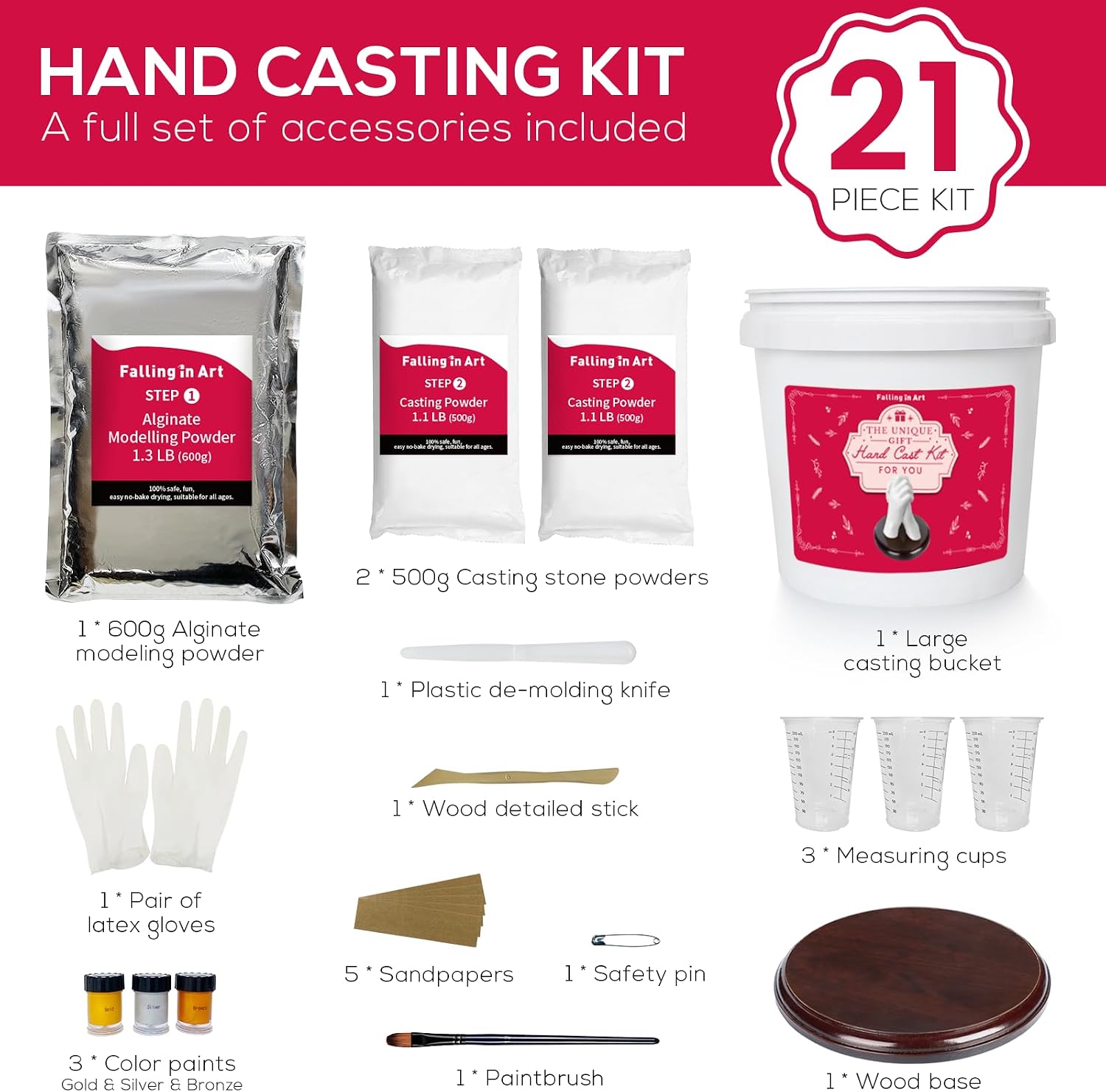 Falling in Art Hand Casting Kit Couples - Keepsake Plaster Hand Mold Kit | for Family, Kids, Adults with Large Bucket, Gloves, Powder Materials, Color Paints, Wooden Base, Valentine's Day gift - Image 2
