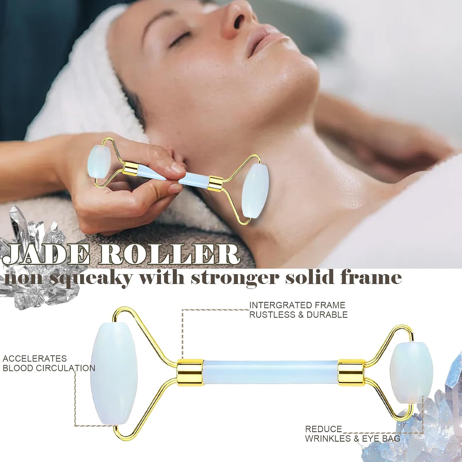 Jade roller and gua sha, facial roller, women's skincare tool, self-care gift, face, eye, neck massager, relieves fine lines and wrinkles, aventurine, opal, rose quartz - Image 3
