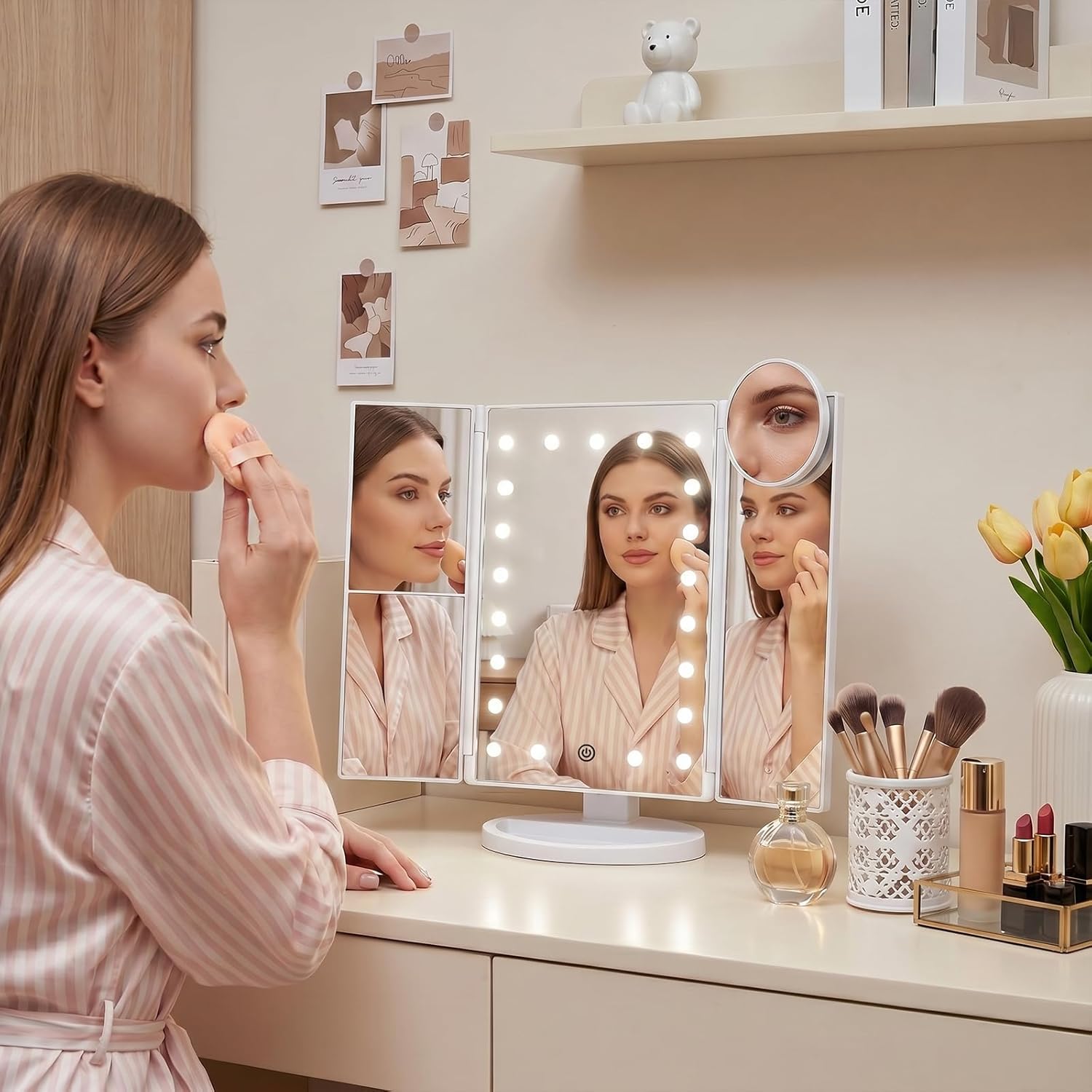 HUONUL 2X/3X/10X Magnifying Vanity Mirror with Light, Trifold Makeup Mirror | Touch Dimming, Dual Power, Clear View for Makeup, Skincare. Dorm Room Essentials. Birthday Gifts for Women, Mom, Wife, Girls - Image 5