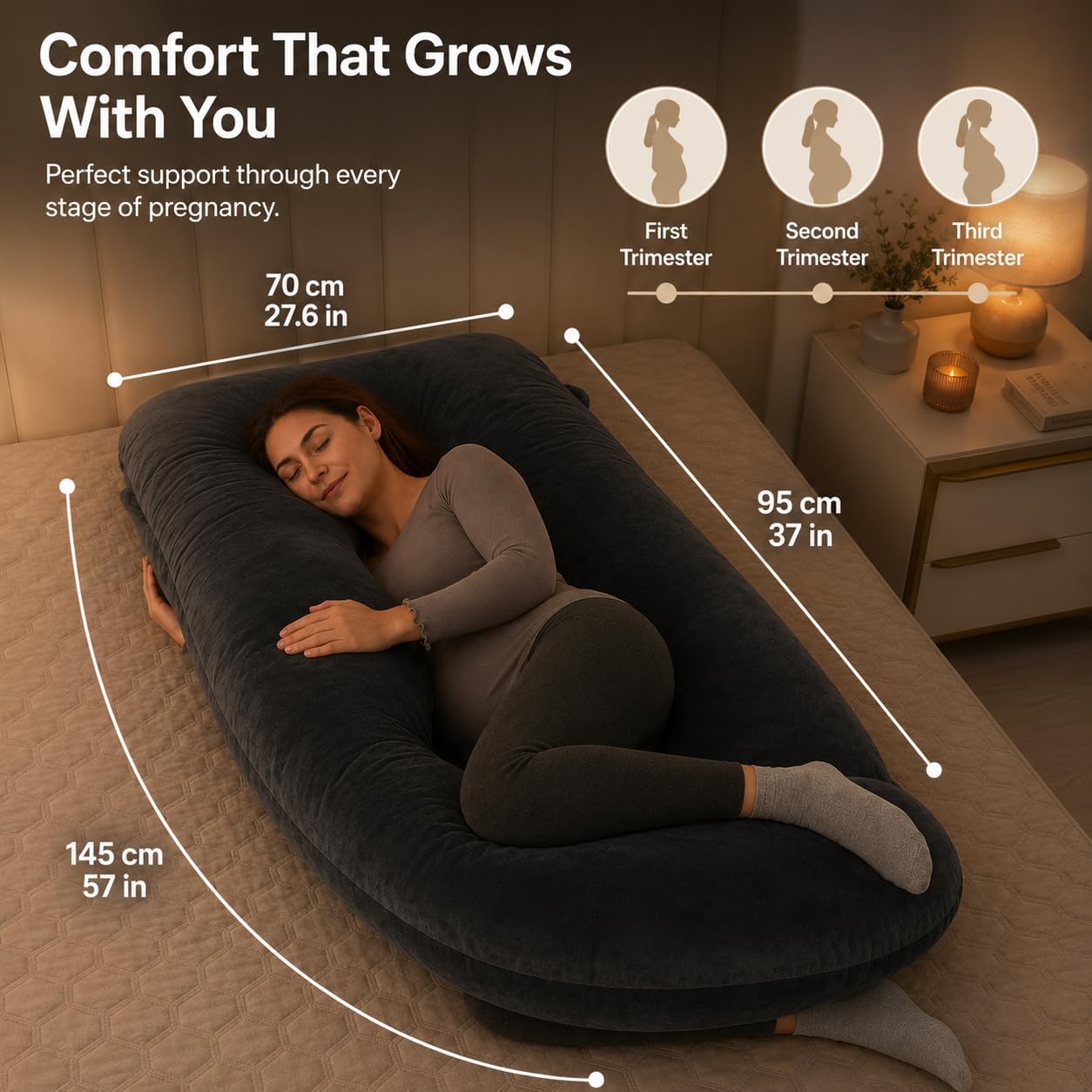 ALLOPERA U Shape Pregnancy Pillow - Full Body Maternity Pillow for Sleeping | Side Sleeper Support for Back, Belly, Hip & Leg, Pregnant Women, Removable & Washable Cover, Adjustable Fill, 57 Inch, Velvet - Image 7