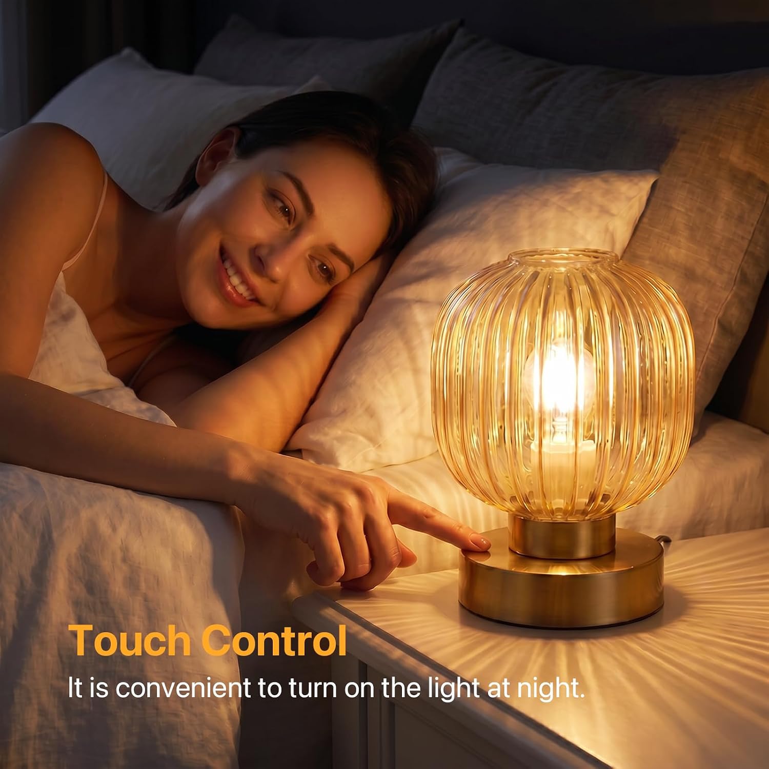 Elenhome Amber Touch Glass Table Lamp Set of 2, 3-Way Dimmable Bedside Lamps, Vintage Mid-Century Modern Nightstand Lamps for Bedroom and Living Room, Ambient Mood Lighting, LED Bulb Included - Image 2