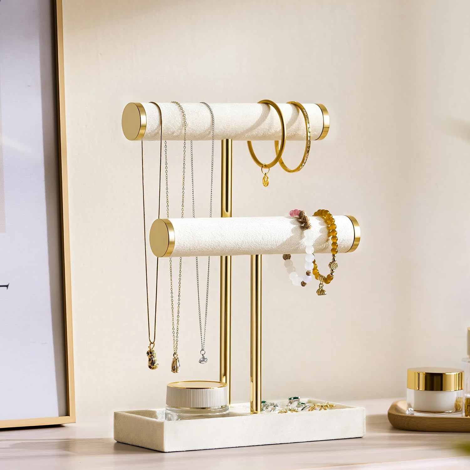 bussdis 2 Tier Bracelet Holder Display, Necklace Holder Organizer, Beige | Velvet Necklace Holder | Jewelry Tree | Jewelry Towers | Jewelry Stand Organizer for Necklaces, Bracelets, Earrings, Rings - Image 2