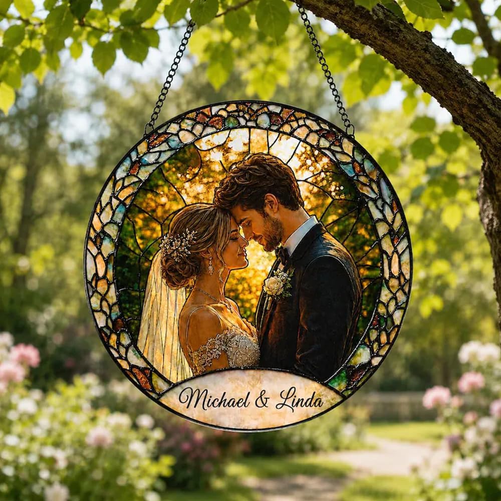 Custom Photo Stained Glass Sun Catcher, Personalized Couple Window Hanging Decor, Anniversary Valentine Gift for Husband Wife, Romantic Keepsake for Home - Image 3