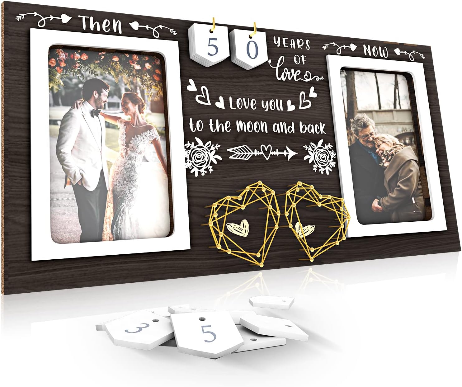 Then & Now Anniversary Picture Frame - 1-99 Years Anniversary Wedding Gift for Couple, Engagement Bridal Shower Gifts for Couples Wood Photo Frame Holds 2 4x6 Inches Photos