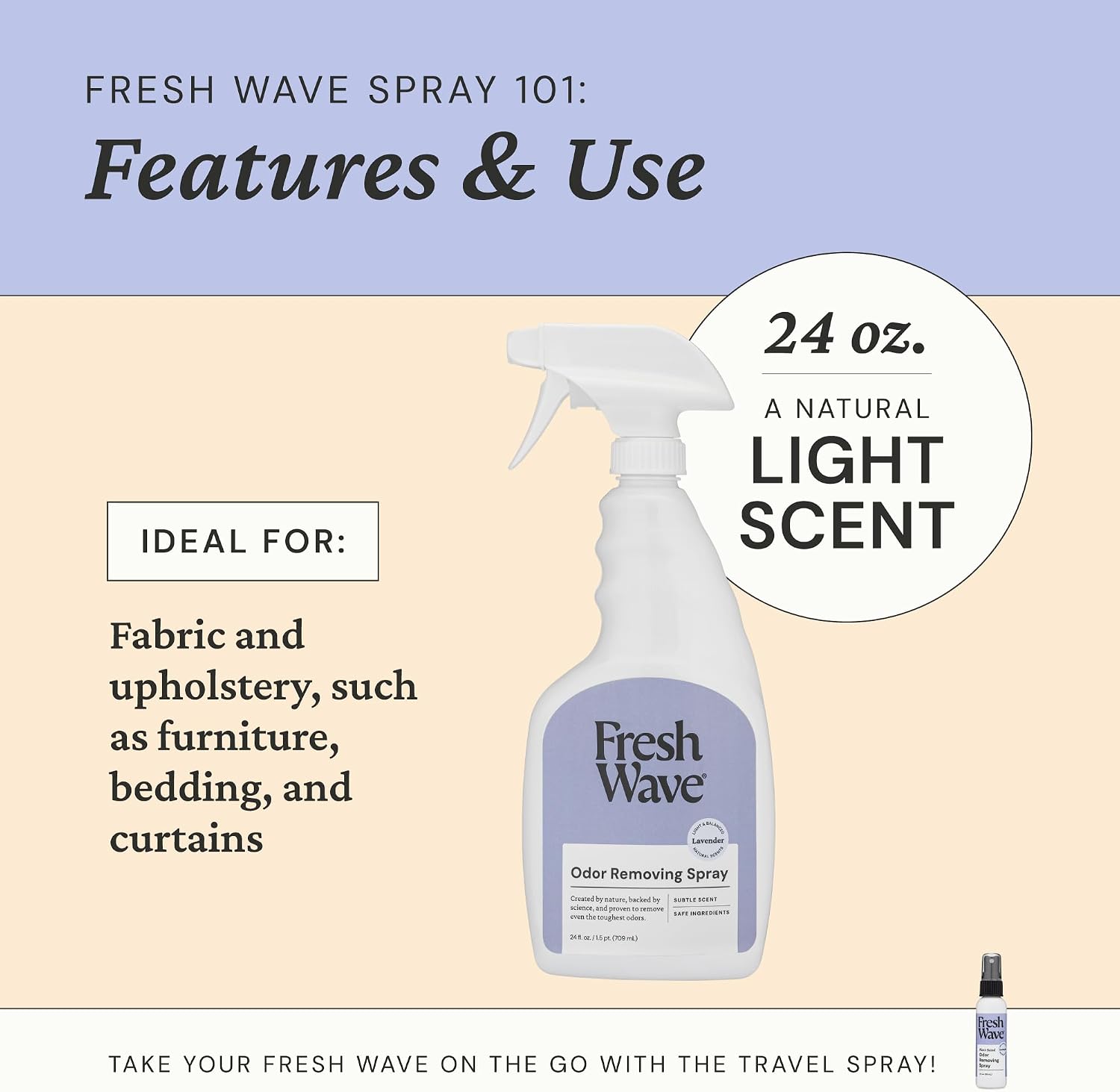Fresh Wave Odor Eliminator Spray for Room & Fabric, 24 oz, Lavender | Plant oil and water formula, Pet safe air freshener, Furniture spray deodorizer, Bathroom and trash can use - Image 7