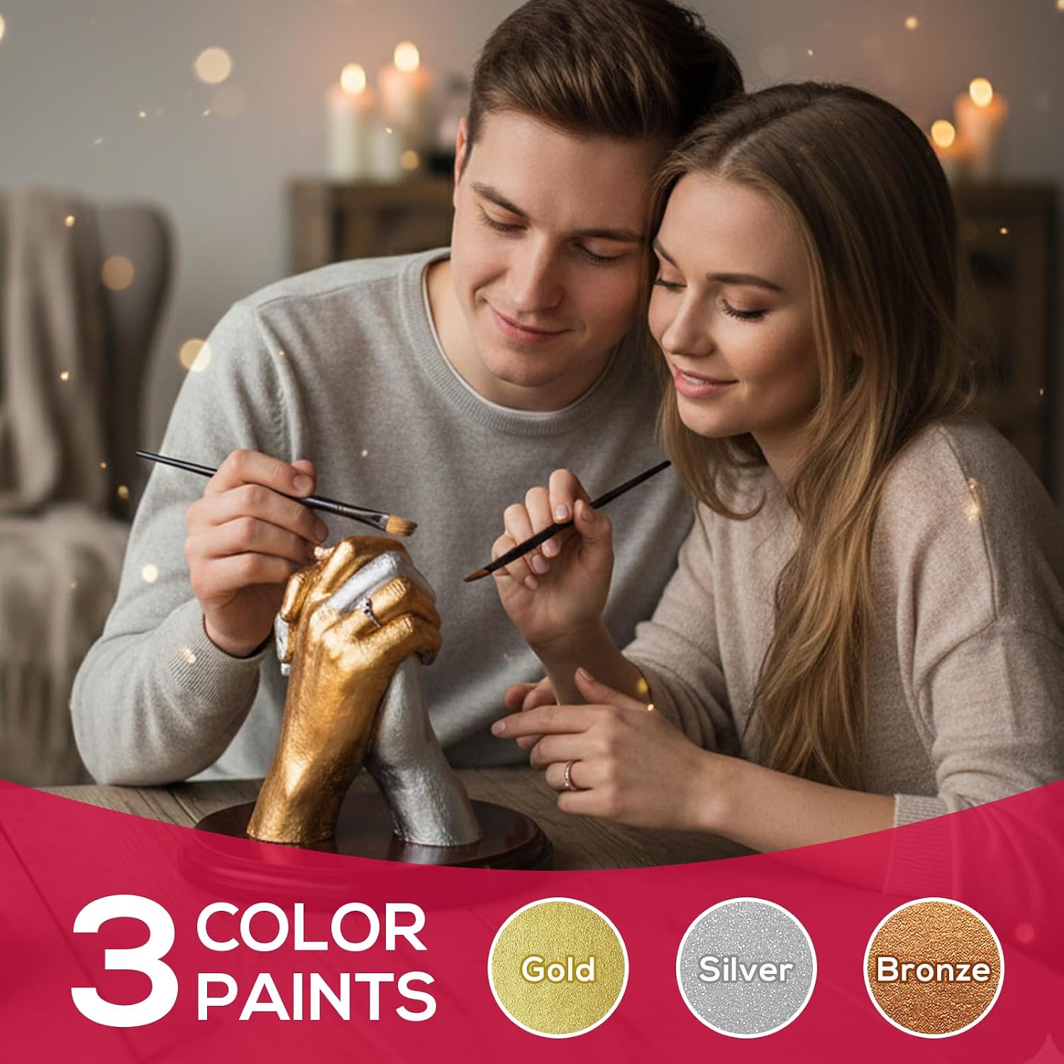 Falling in Art Hand Casting Kit Couples - Keepsake Plaster Hand Mold Kit | for Family, Kids, Adults with Large Bucket, Gloves, Powder Materials, Color Paints, Wooden Base, Valentine's Day gift - Image 6