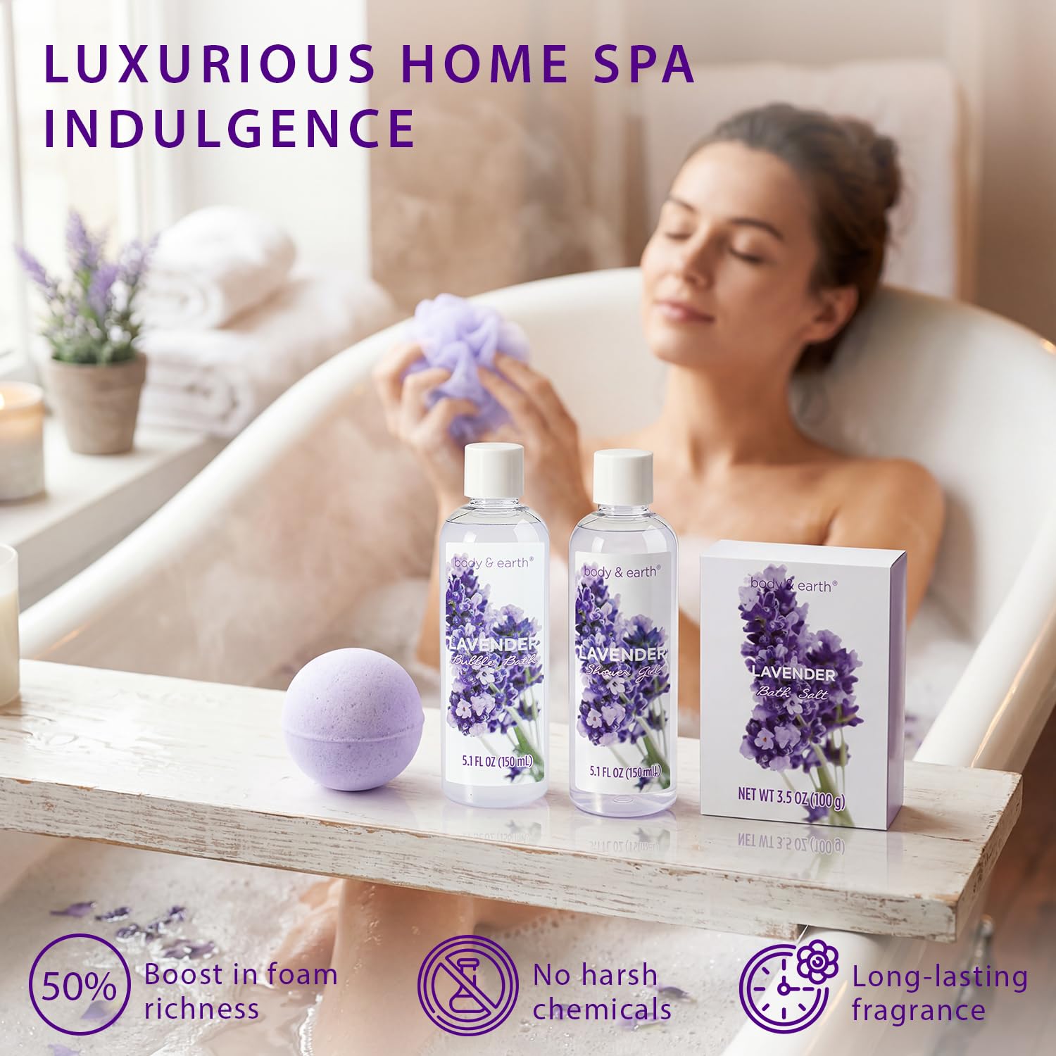 BODY & EARTH Spa Gift Baskets for Women 11pcs Lavender Gift Sets with Bubble Bath, Shower Gel, Body Lotion, Mom Birthday Gifts, Spa Kit, Purple Gift for Her, Christmas gifts - Image 4