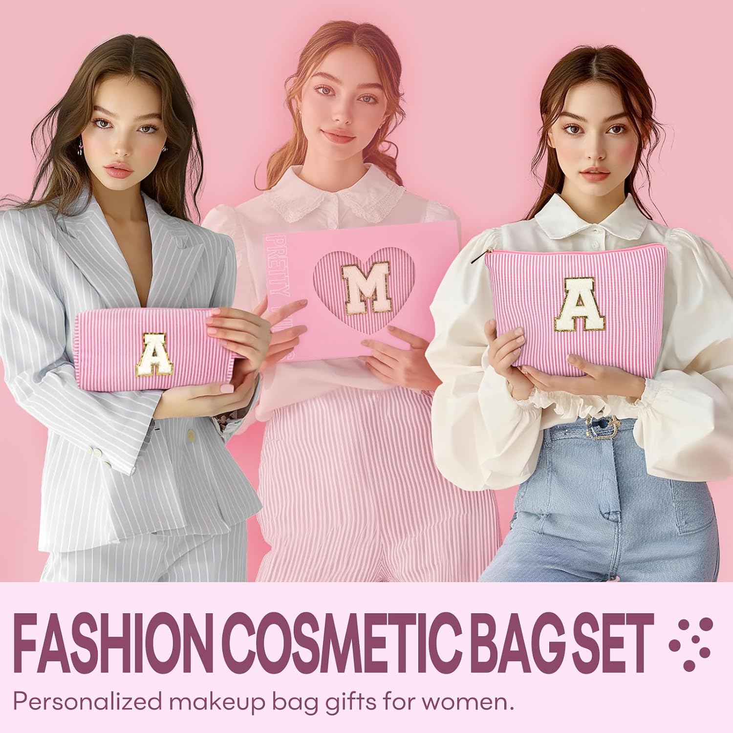 2 PCS Initial Makeup Bags for Women: Cosmetic Bag for Travel Toiletry - Birthday Gifts for 11 12 13 14 15 16 17 18 Years Old Girl Graduation - Teen Girl Gifts Trendy Stuff - Pink A - Image 4
