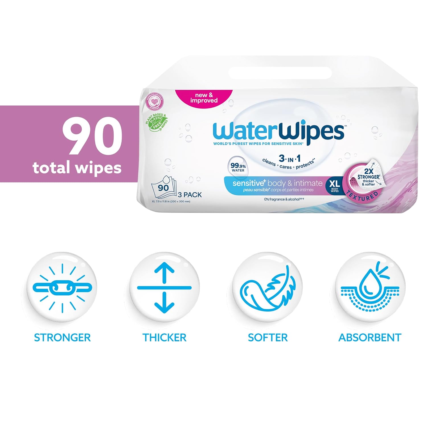 WaterWipes Sensitive Whole Body Cleansing Wipes, 99.9% Purified Water, XL Textured Wipes, Incontinence Care, Fragrance Free, 90 Count - Image 2