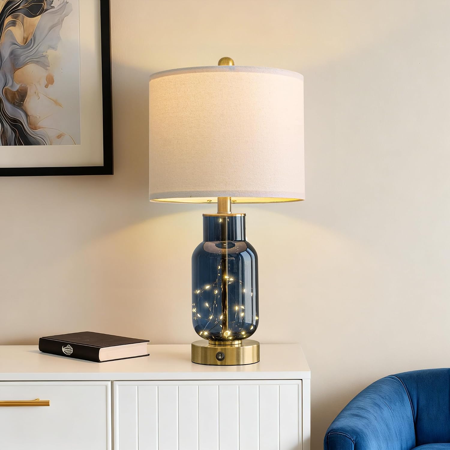 22" Glass Table Lamps Set of 2, Blue Modern Bedside Lamp with LED Night Light for Living Room, Nightstand Lamp with USB Ports for Bedrooms, Study Room, End Table(2 Bulbs Included) - Image 2