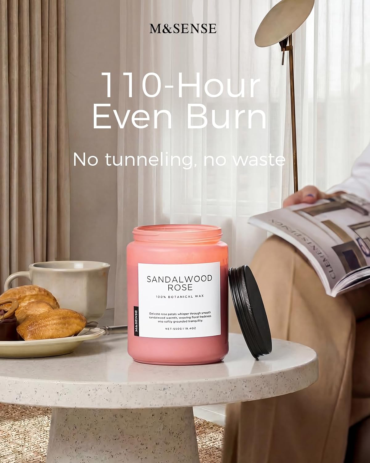 M&SENSE Sandalwood Rose Scented Candles for Home, 19.4oz 110 Hours Soy Wax | Clean Non Toxic, Long Lasting, Home Fragrance Slow Burn, Floral Scent Decorative Jar Candle for Women Men - Image 6