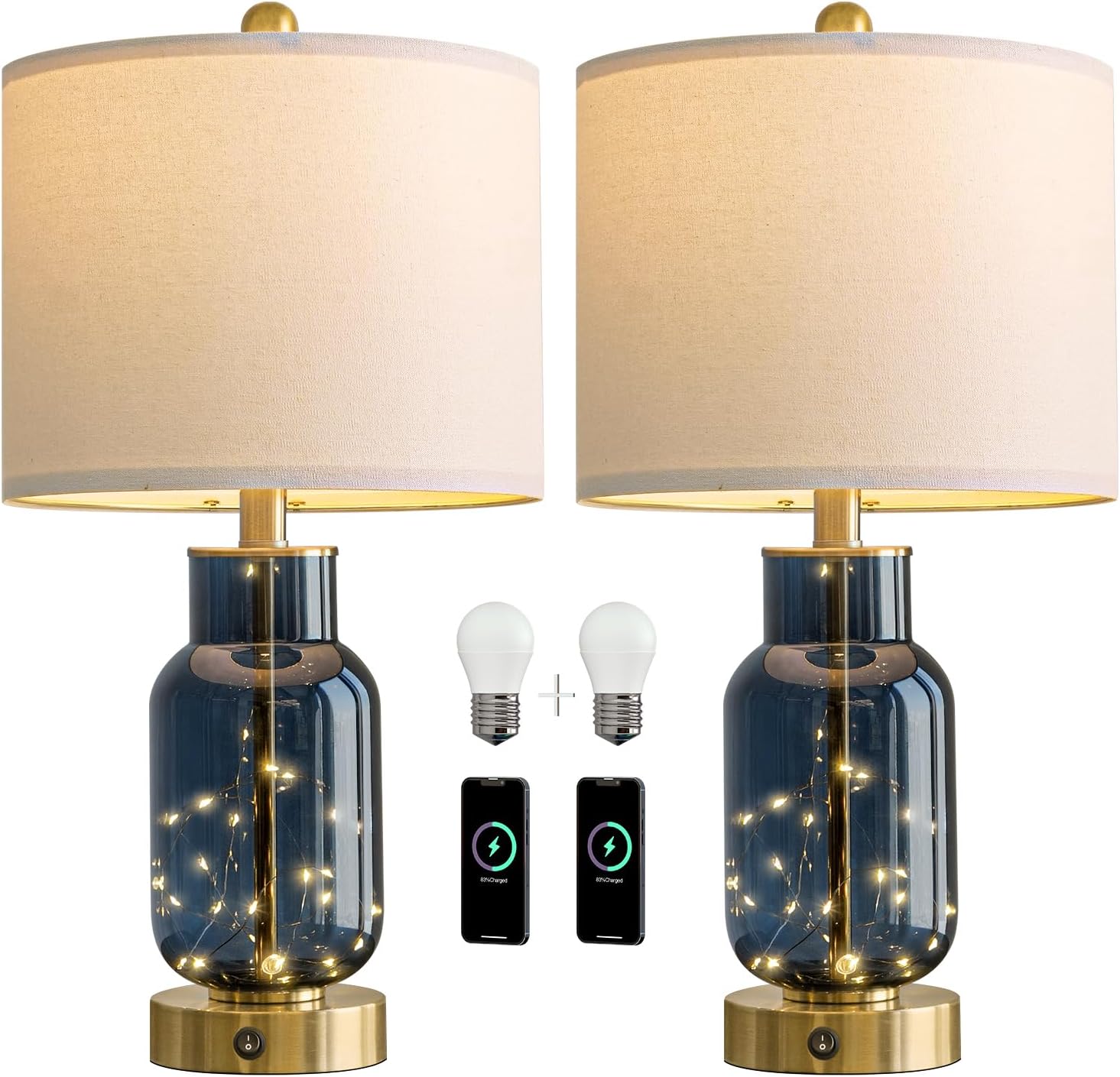 22" Glass Table Lamps Set of 2, Blue Modern Bedside Lamp with LED Night Light for Living Room, Nightstand Lamp with USB Ports for Bedrooms, Study Room, End Table(2 Bulbs Included) - Image 9