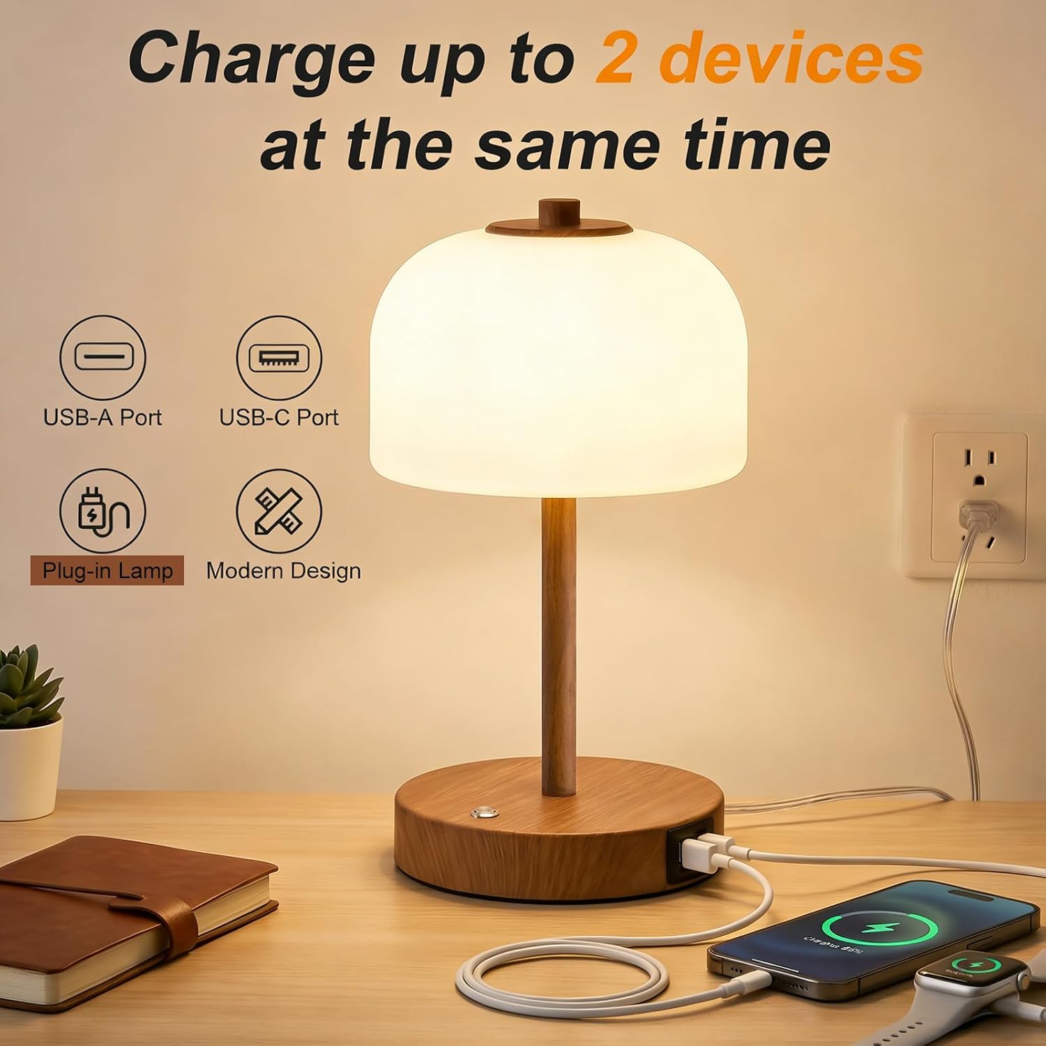 9.5" Small Plug-in Touch Control Table Lamp with USB A+C Charging Ports, Wood Grain Dimmable LED Bedside Lamp with 3 Color Temperatures, Modern Table Lamps for Bedroom Nightstand Living Room - Image 5