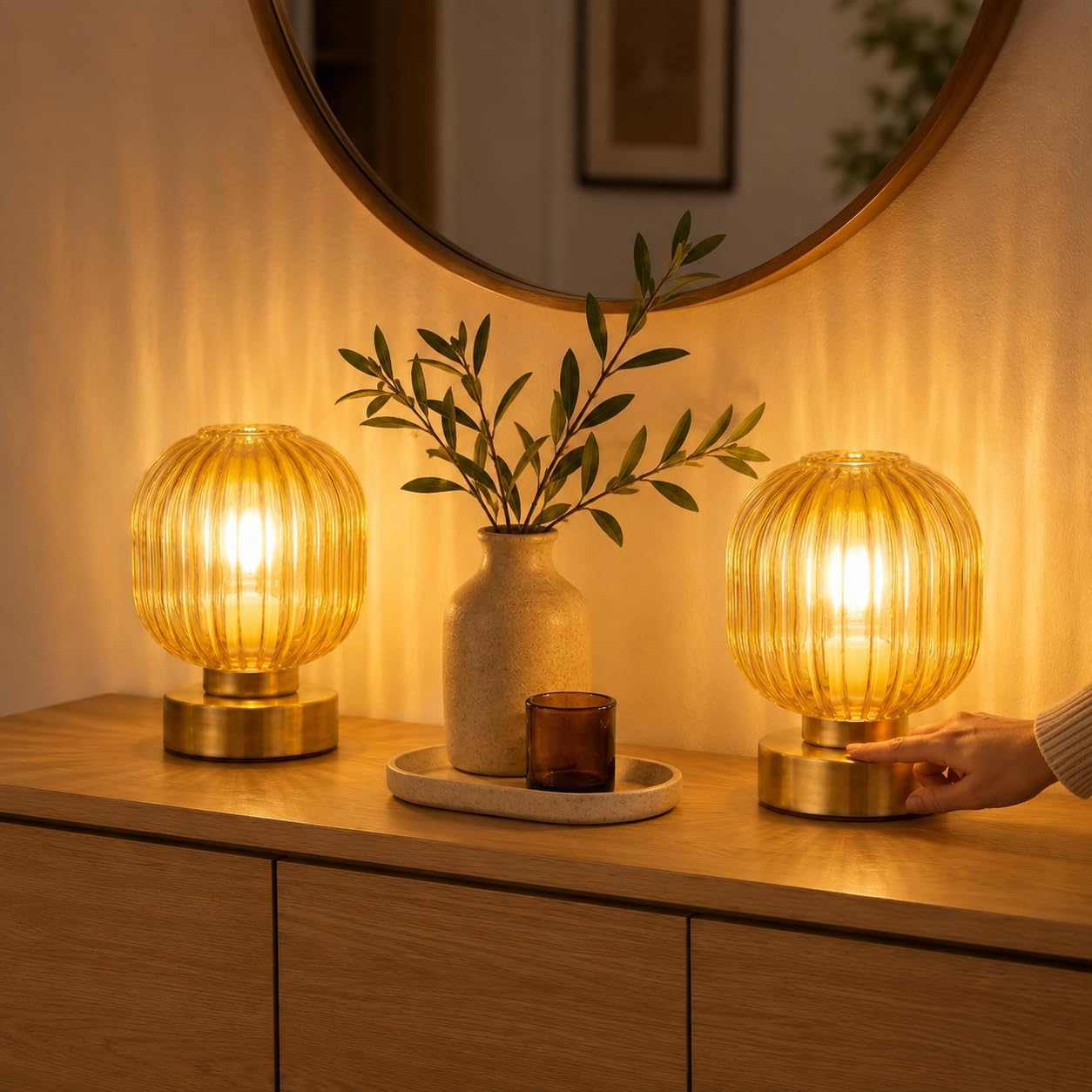 Elenhome Amber Touch Glass Table Lamp Set of 2, 3-Way Dimmable Bedside Lamps, Vintage Mid-Century Modern Nightstand Lamps for Bedroom and Living Room, Ambient Mood Lighting, LED Bulb Included - Image 6
