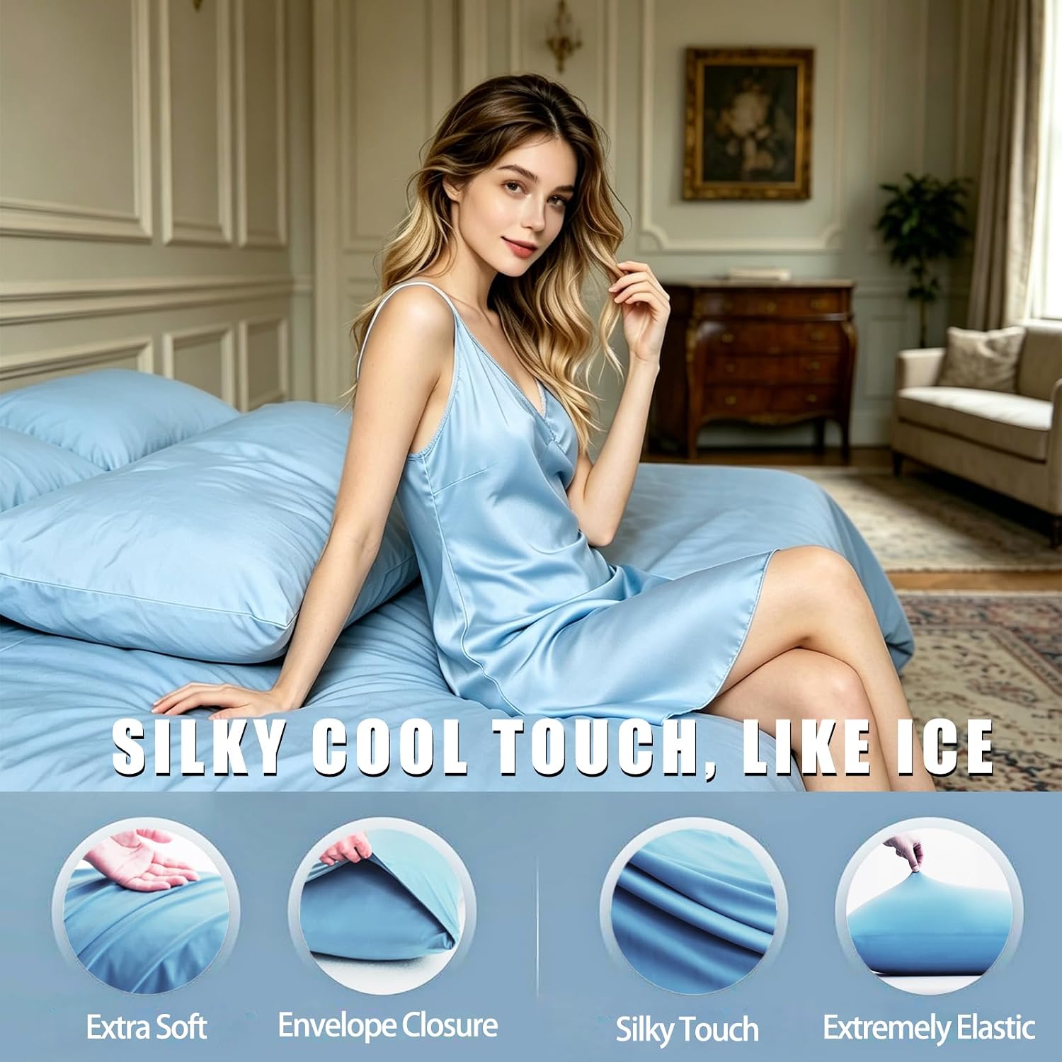 TELUS Cooling Body Pillow Case, Silky Soft Breathable Pillowcase with Envelope Close, Stay Cool All Night Pillow Cover for Hot Sleepers and Night Sweats, 20x54 Inch,Sky Blue - Image 4