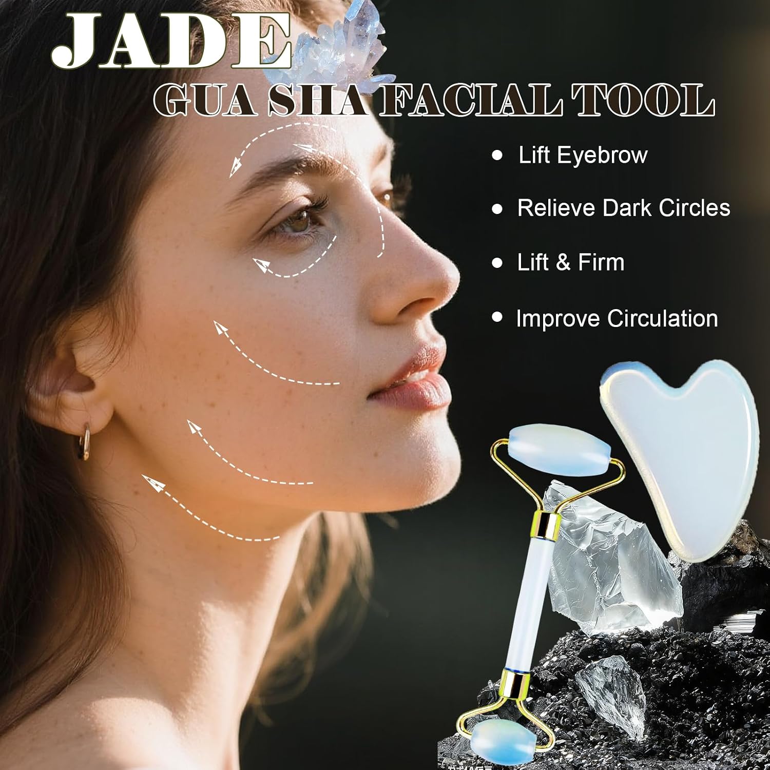 Jade roller and gua sha, facial roller, women's skincare tool, self-care gift, face, eye, neck massager, relieves fine lines and wrinkles, aventurine, opal, rose quartz - Image 2