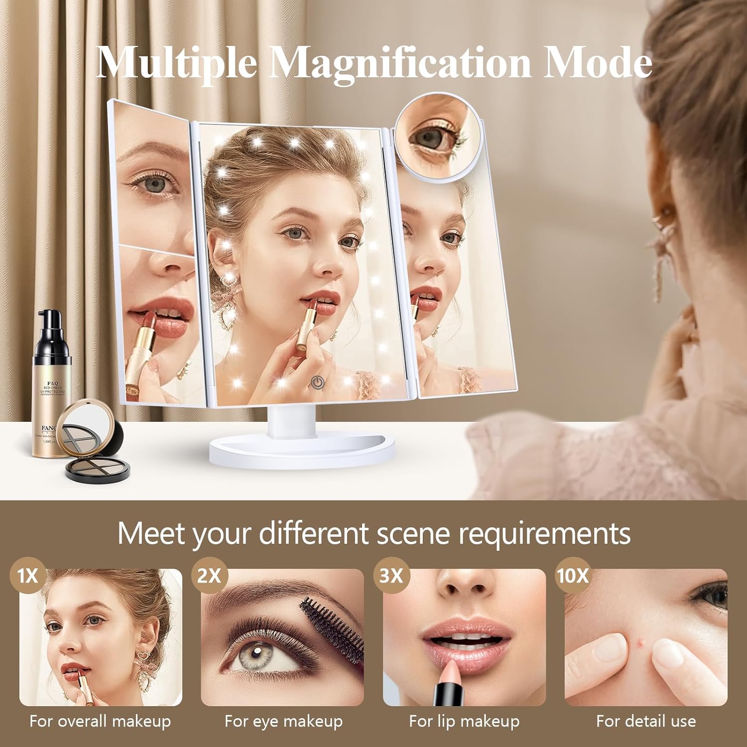 HUONUL 2X/3X/10X Magnifying Vanity Mirror with Light, Trifold Makeup Mirror | Touch Dimming, Dual Power, Clear View for Makeup, Skincare. Dorm Room Essentials. Birthday Gifts for Women, Mom, Wife, Girls - Image 2
