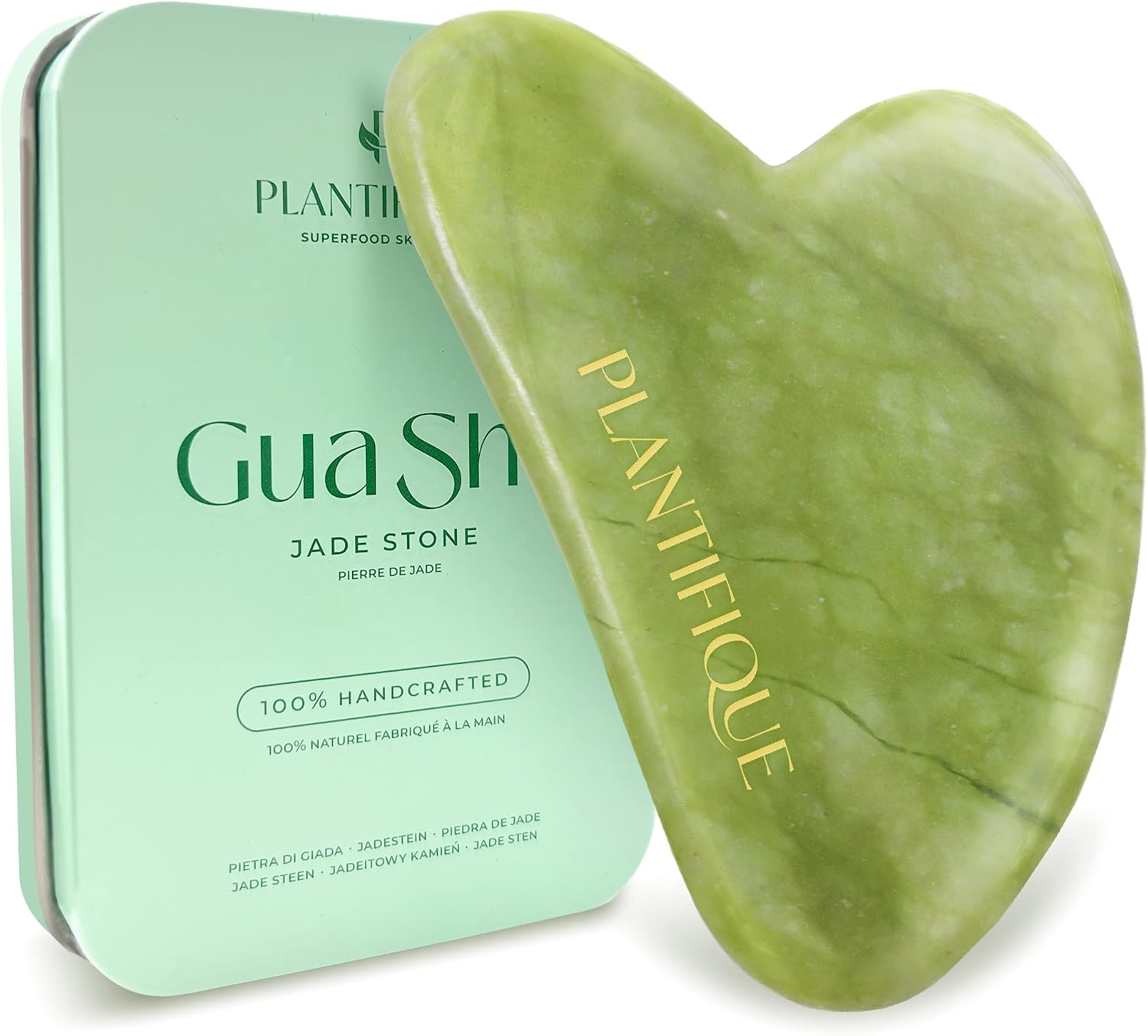 PLANTIFIQUE Jade Gua Sha Facial Tools - Lymphatic Drainage Face Massager | Guasha Tool for Face Sculpting & Jawline Shaper - Skincare Gift - Reduces Puffiness & Relieves Tension