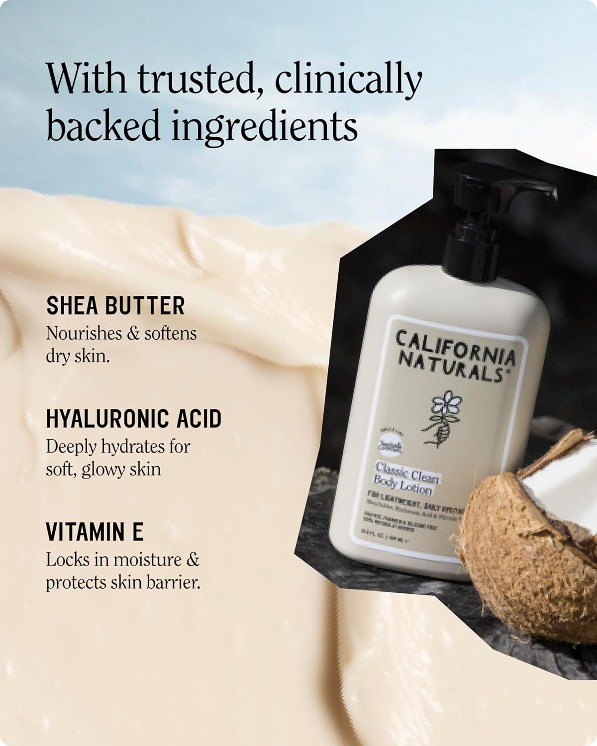 California Naturals Classic Clean Body Lotion for Dry Skin, Moisturizing, Lightweight with Shea Butter, Naturally Scented, Vegan, Sulfate, Paraben & Phthalate Free, Toasted Coconut, 16.5 oz - Image 3