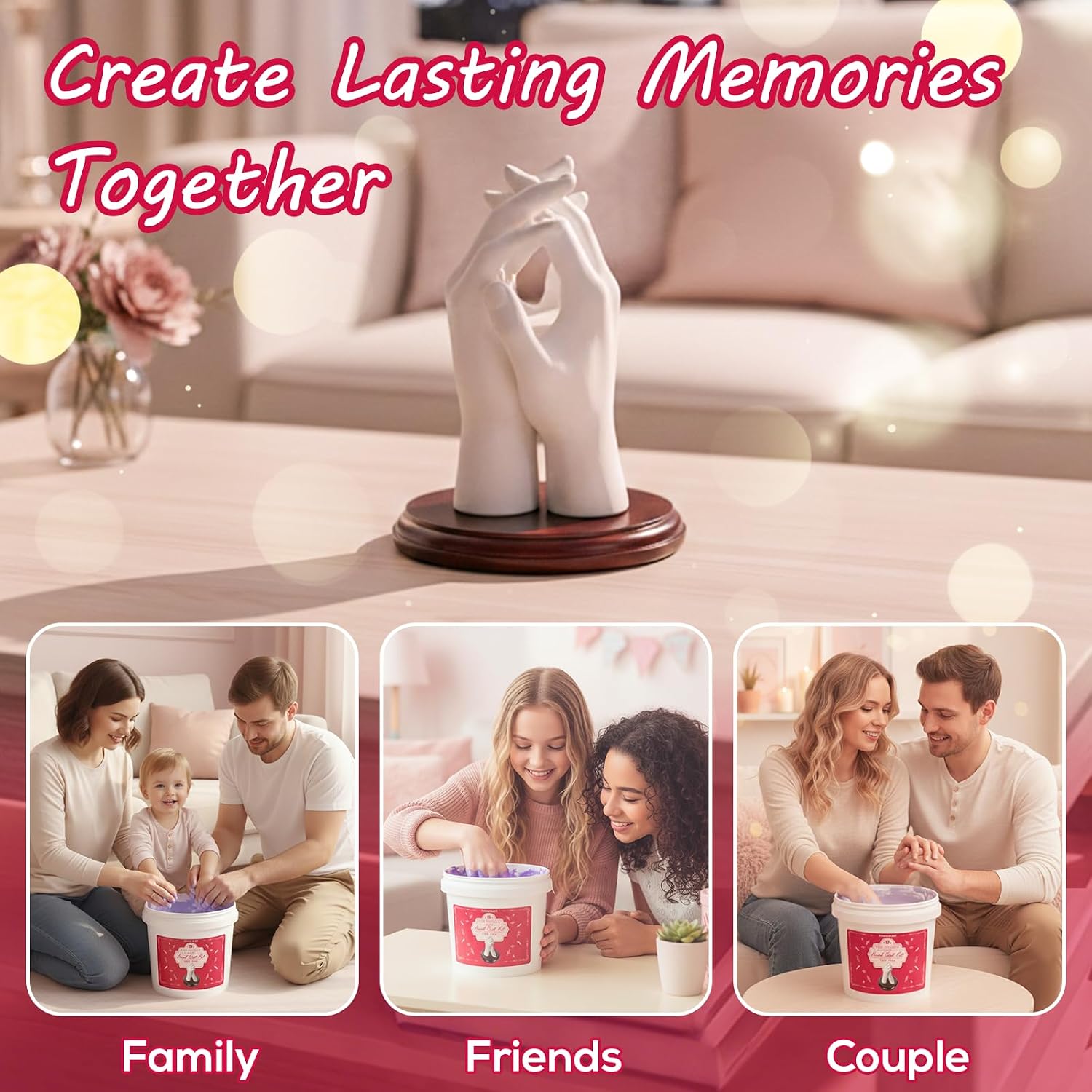Falling in Art Hand Casting Kit Couples - Keepsake Plaster Hand Mold Kit | for Family, Kids, Adults with Large Bucket, Gloves, Powder Materials, Color Paints, Wooden Base, Valentine's Day gift - Image 4