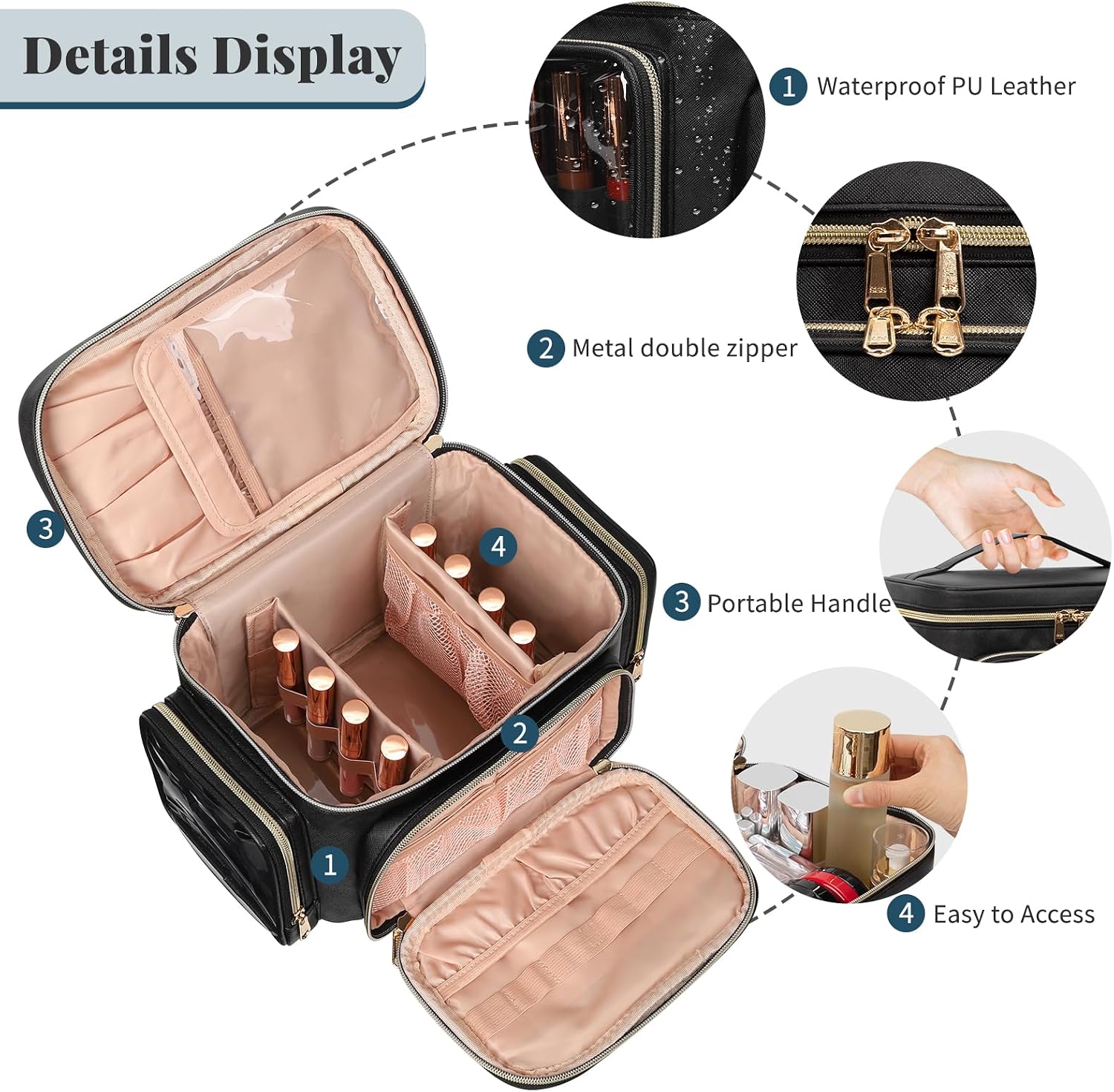 Bagmoly Large Makeup Bag, Portable Travel Makeup Bag Organizer for Women Girls with Makeup Brush Compartment & Two Side Pockets, Cosmetic Travel Bag Vertical Storage Toiletry Bag - Black - Image 2