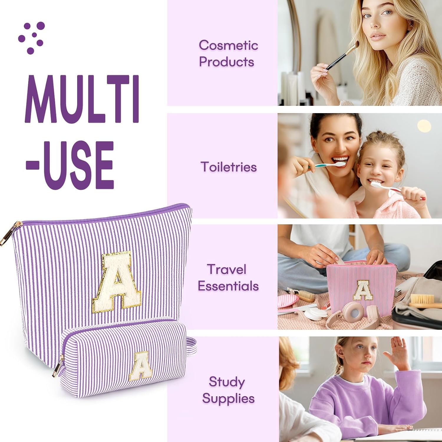 2 PCS Initial Makeup Bags for Women: Cosmetic Bag for Travel Toiletry - Birthday Gifts for 11 12 13 14 15 16 17 18 Years Old Girl Graduation Teacher Gift- Teen Girl Gifts Trendy Stuff - Purple A - Image 4