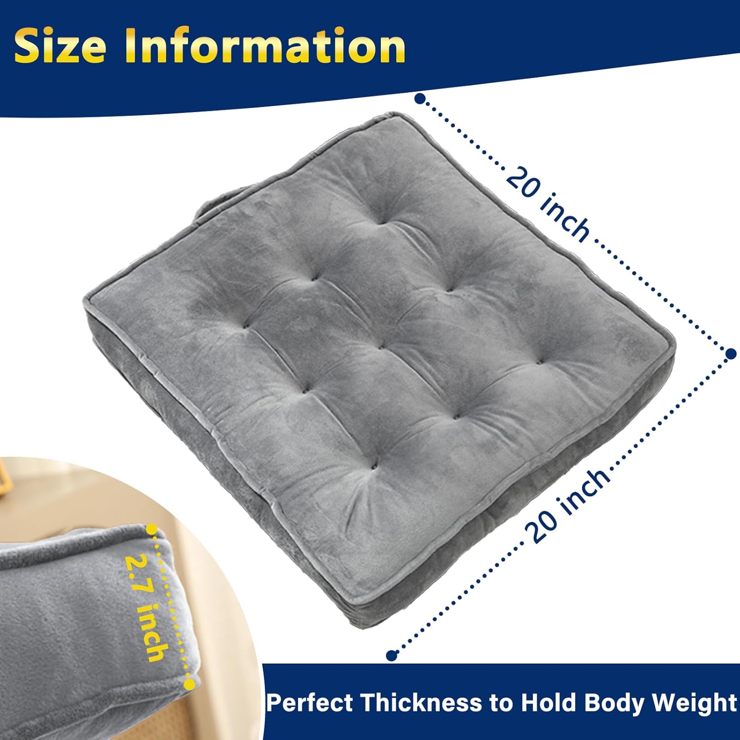 1 MIDDLE ONE Floor Pillow Set of 2, Memory Foam Meditation Cushion, Floor Cushions for Adults Sitting, Large Square Seat Cushions for Yoga, Living Room, 20x20 Inch (Grey) - Image 7