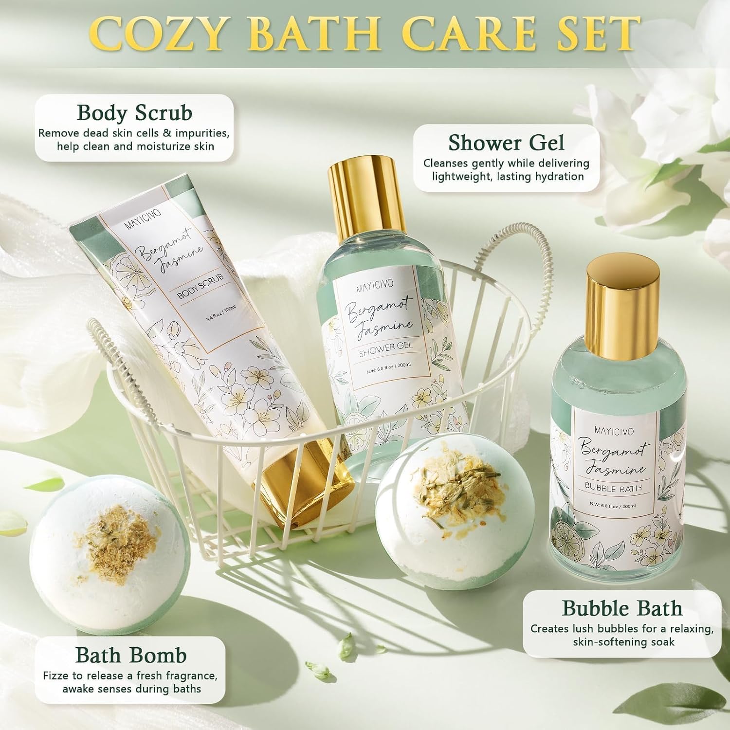 Birthday Gifts for Women Spa Gift Baskets Bath Set for Women Self Care Kit | Bergamot Jasmine Bath and Body Kit Care Package, Christmas Anniversary Gifts for Women Mom Her Wife Girlfriend Friend Sister - Image 4