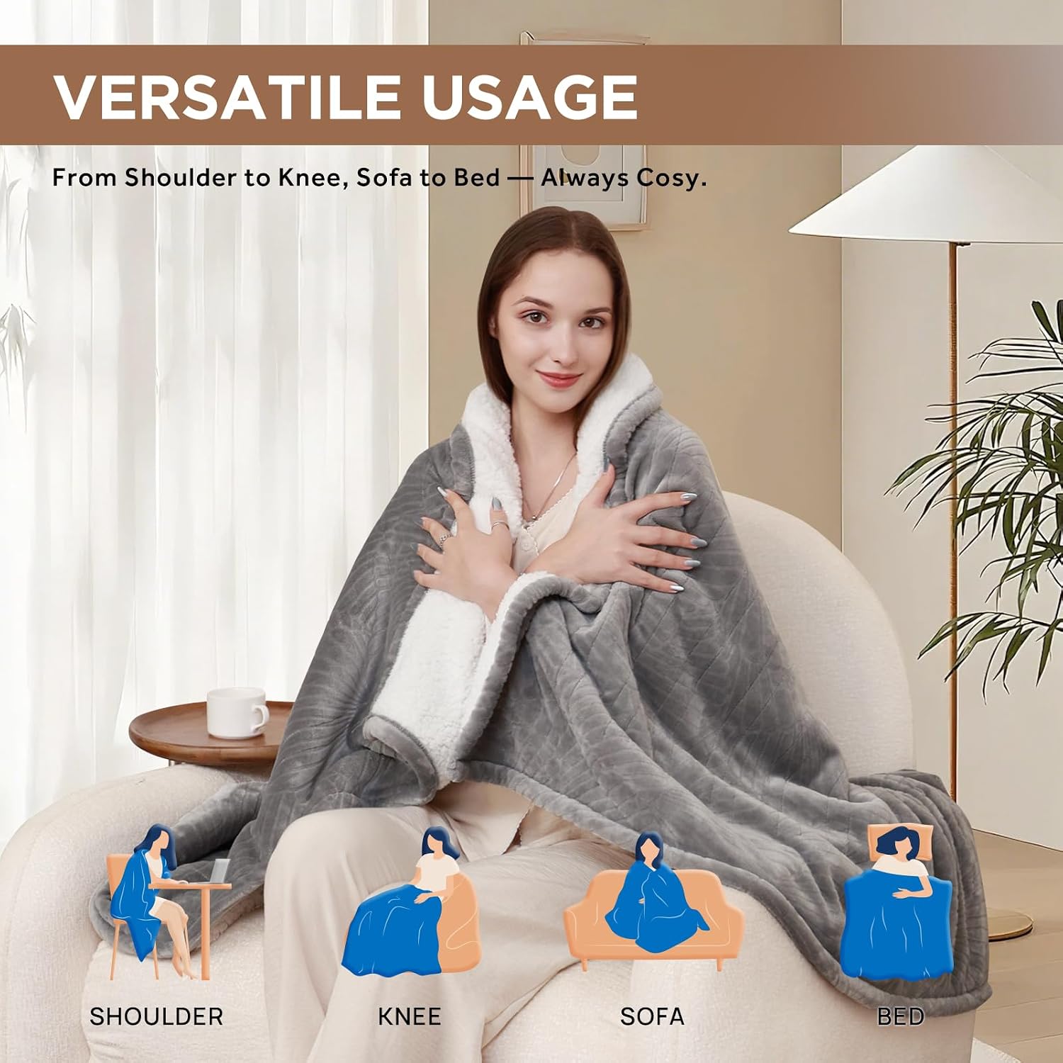 Westinghouse Heated Throw Flower Jacquard Flannel Sherpa 50x60 Light Grey | Electric Blanket Throw with 6 Heating Levels and 2-10 Hours Auto-Off, Cozy Heated Blanket, Machine Washable, Home Office Use - Image 8