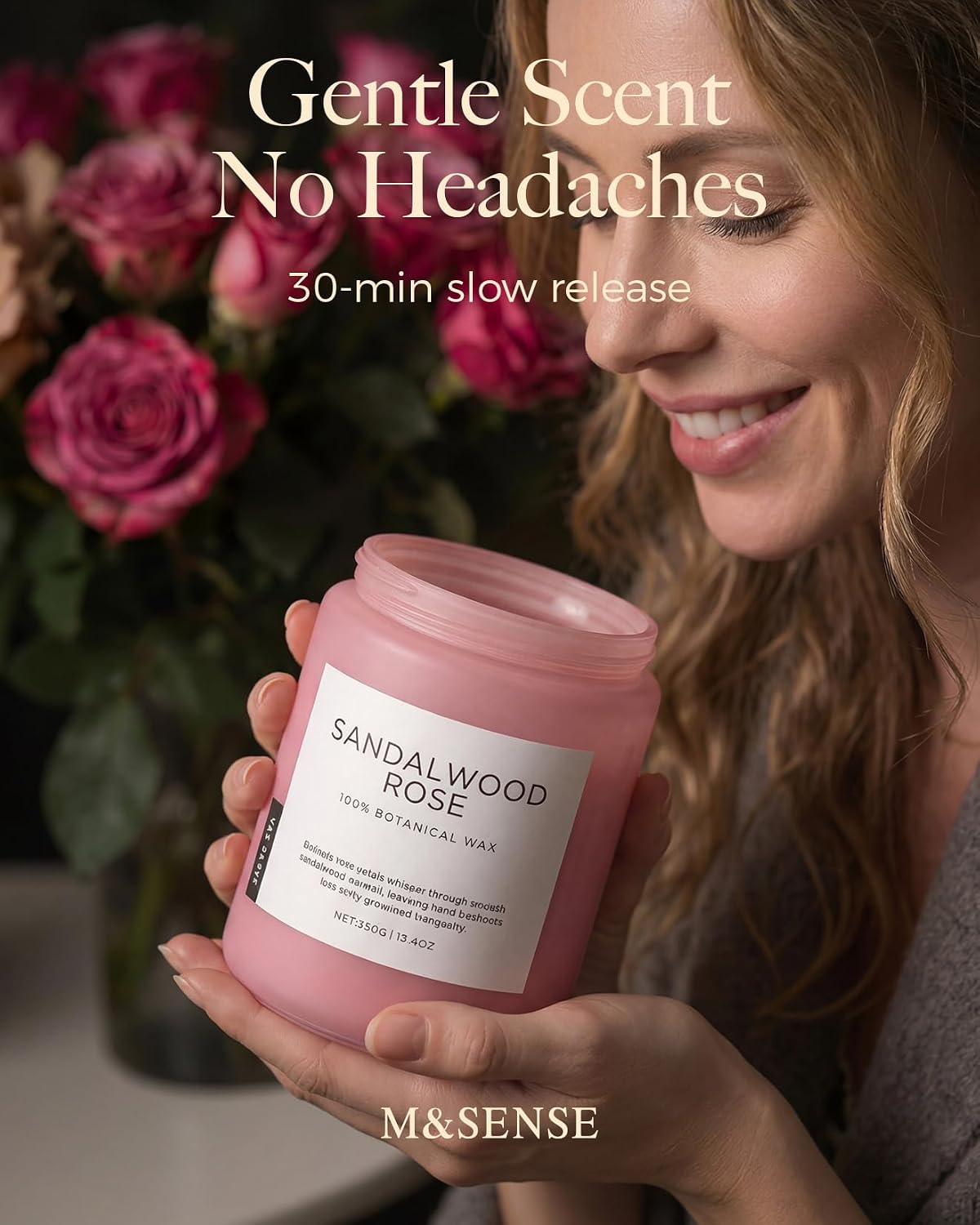 M&SENSE Sandalwood Rose Scented Candles for Home, 19.4oz 110 Hours Soy Wax | Clean Non Toxic, Long Lasting, Home Fragrance Slow Burn, Floral Scent Decorative Jar Candle for Women Men - Image 3