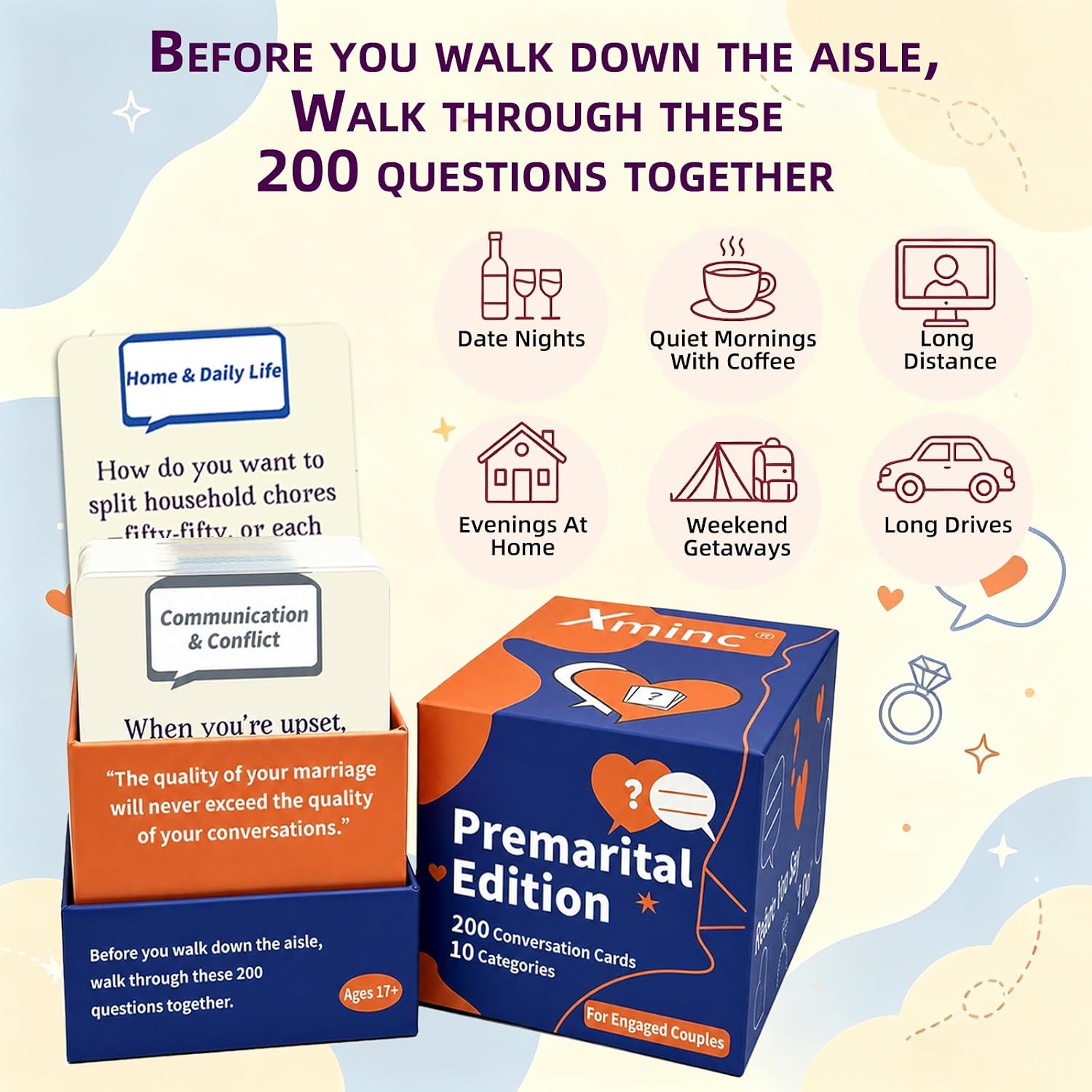 200 Premarital Conversation Starter Cards, Engaged Couples Pre-Marriage Prompts for Deeper Connection, Date Night Road Rrip Travels Long Distance Relationship Anniversaries Quality Time - Image 2