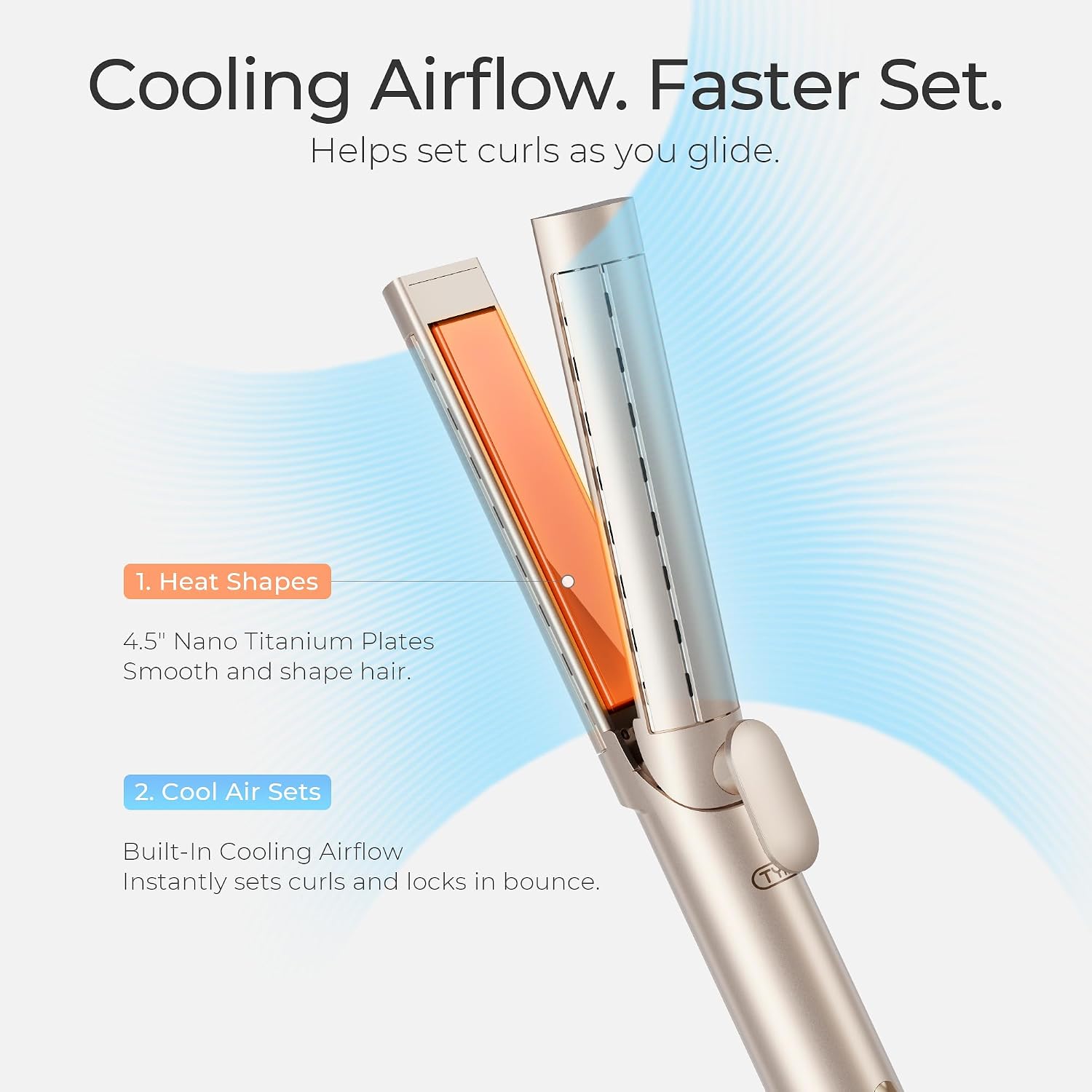 TYMO Dual-Size Cooling Airflow Flat Iron Curling Iron 1 1/2 Inch to 2 Inch, AIRQ Hair Straightener and Hair Curler in One, Beach Waves Ionic Curling Wand Curler, Nano Titanium, Dual Voltage, Gold - Image 3
